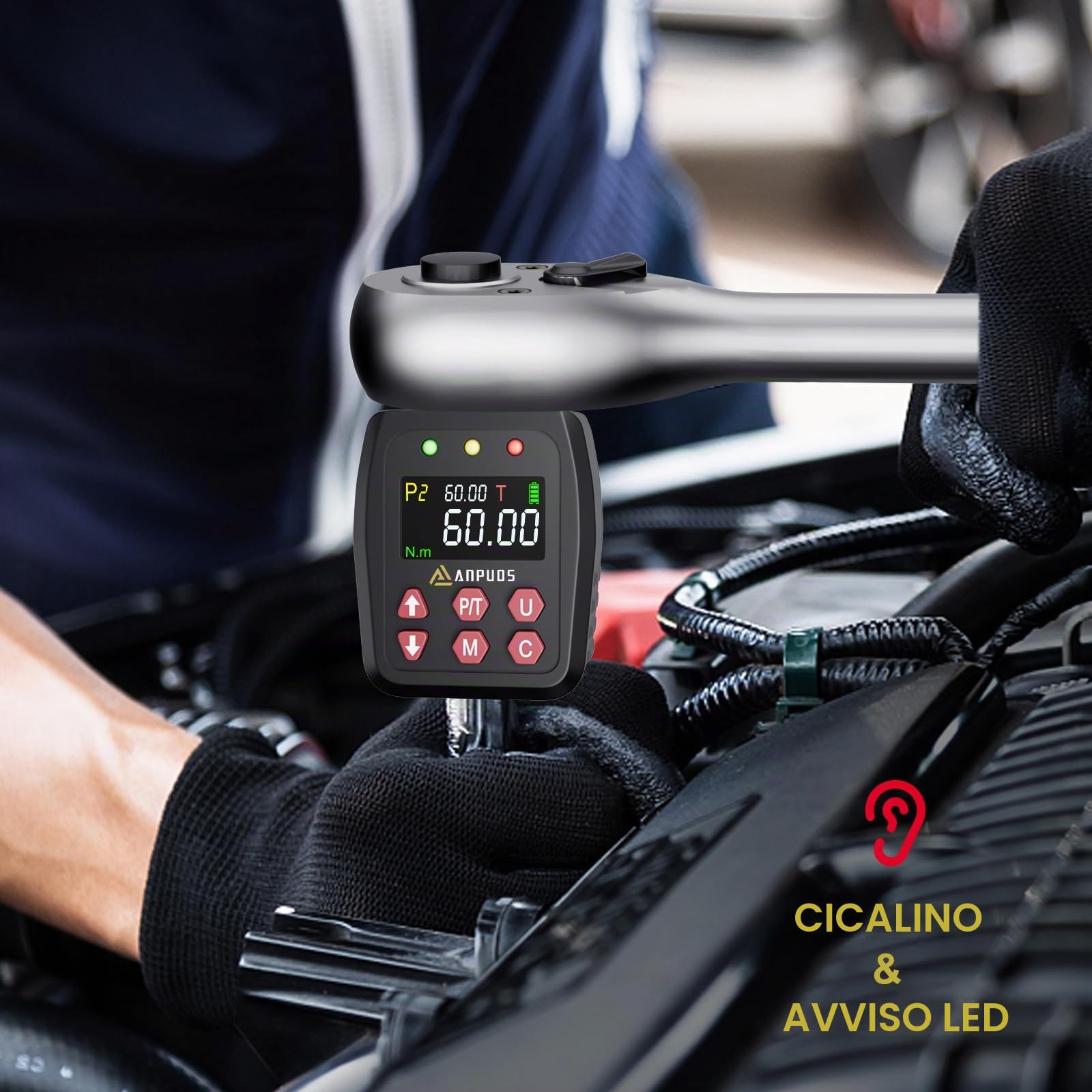 ANPUDS Adattatore Chiave Dinamometrica Digitale 1/2", 10-200Nm Chiave Dinamometrica con Alta Precisione ±1%, Preimpostata, Archivio Dati, Buzzer e Notifica LED, Adattatori da 1/4" 3/8" per Auto, Moto