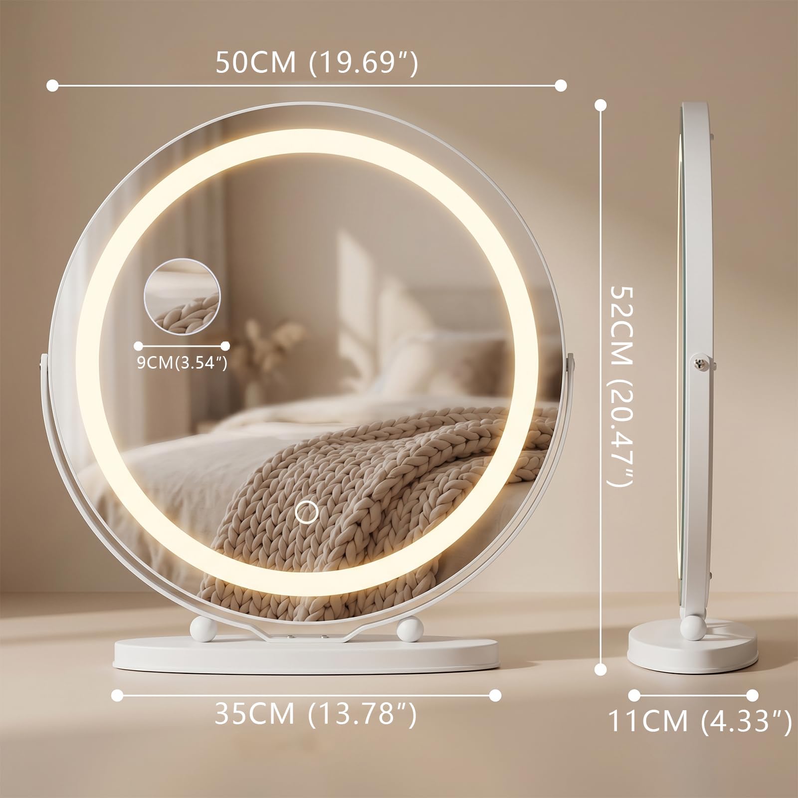 Miroir de courtoisie Hollywood avec lumières,Miroir de Maquillage Rond à Del de 48 cm avec 3 Modes d'éclairage, grossissement x10,contrôle Tactile,lumière à intensité Variable,Blanc