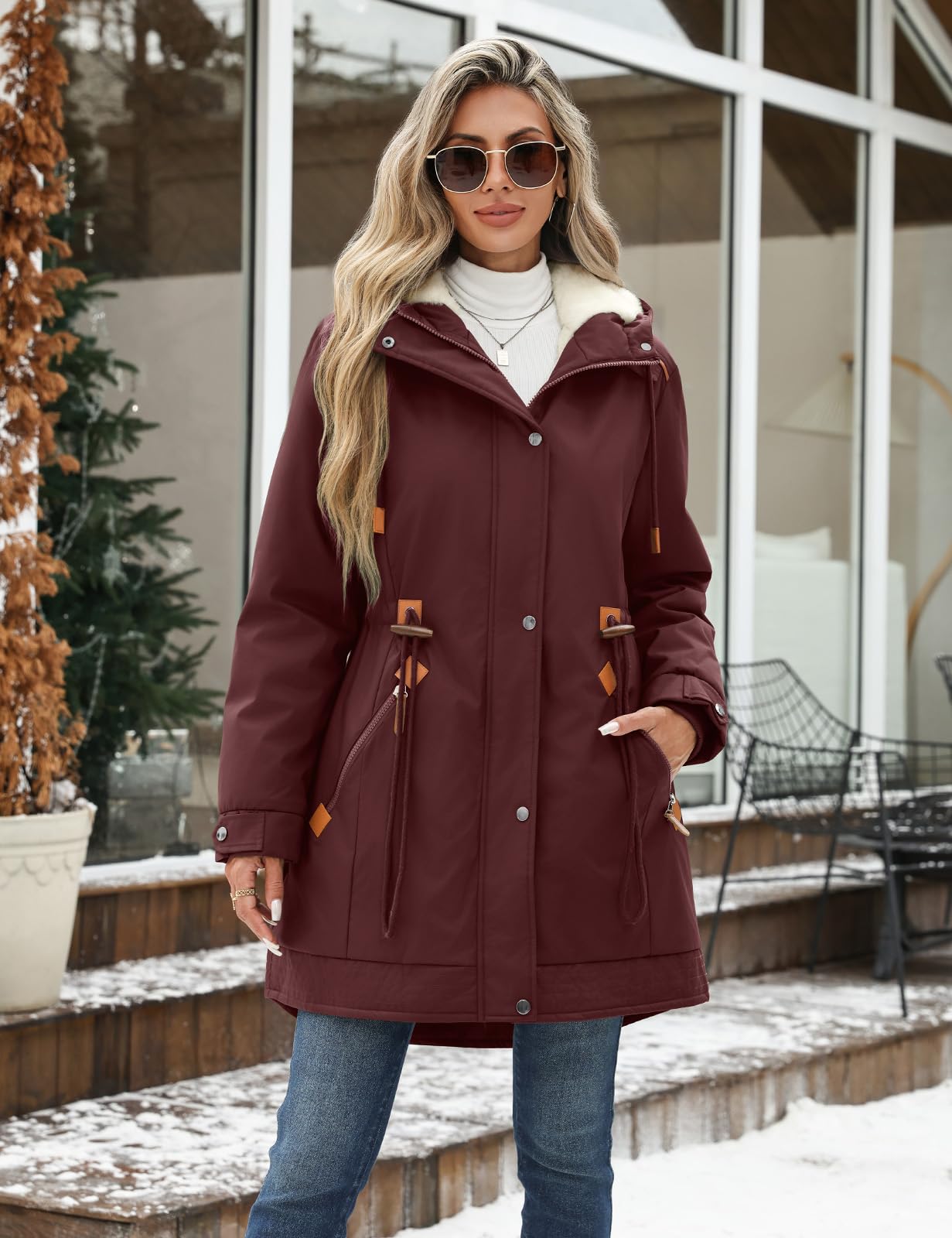 CMTOP Winterjacke Damen Warm Fleece Gefüttert Mittellang Wintermantel Parka