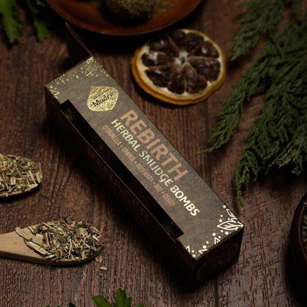 Sagrada Madre Organic Natural Colors Activated Herbal Smudge Incense Bombs 100% Sustainable. Energy & Air Purifying. Organic. Vegan. Eco. Handcrafted. 4 Units. (Reborn/Citronella, Orange, Rosemary, Cedar)