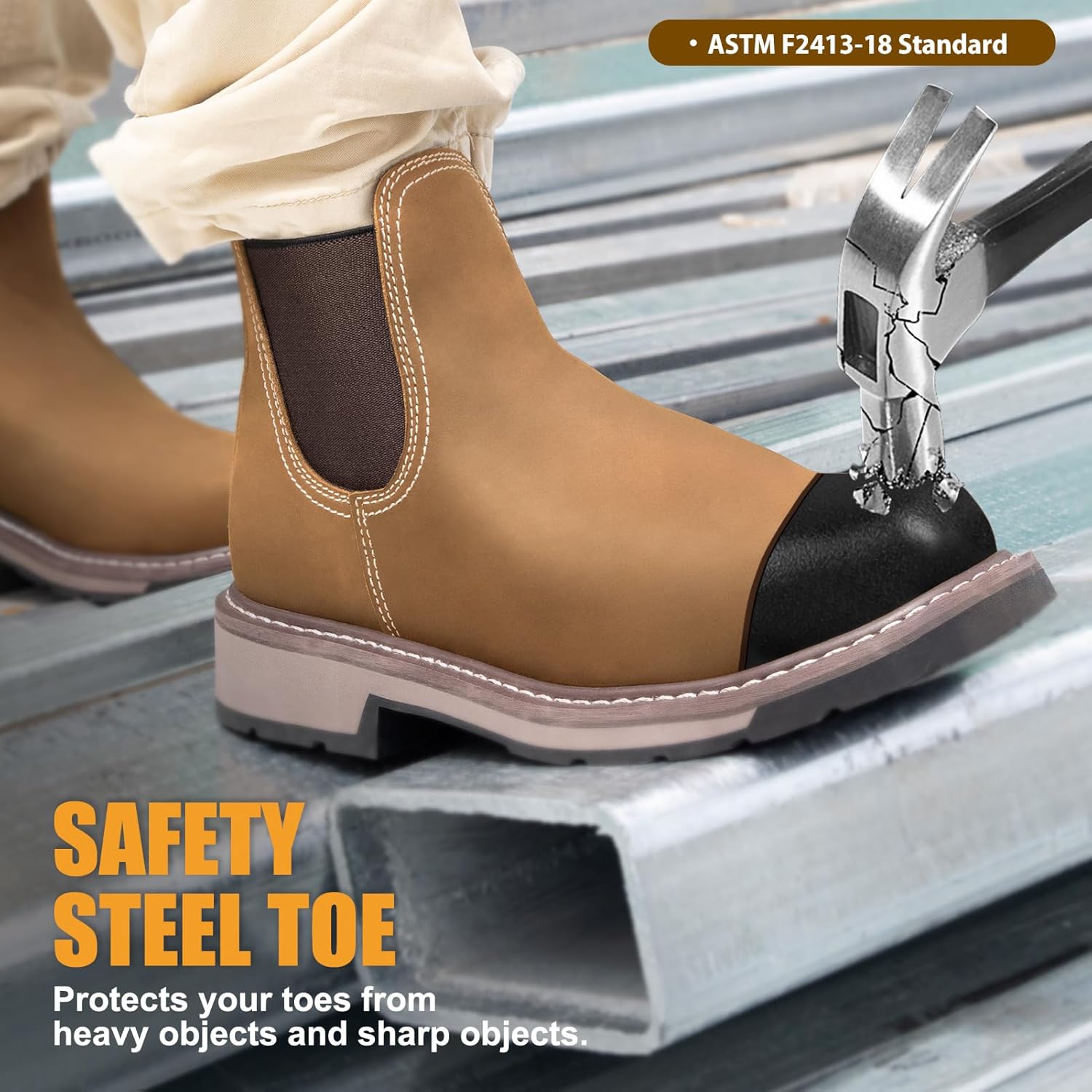 Slip-On Work Boots for Men, Steel Toe Puncture-Proof with EVA Mid-Sole, Full Grain Leather Non-Slip Chelsea Safety Shoes, Comfortable and Ideal for Industrial Construction (Size 7-14) - Image 4