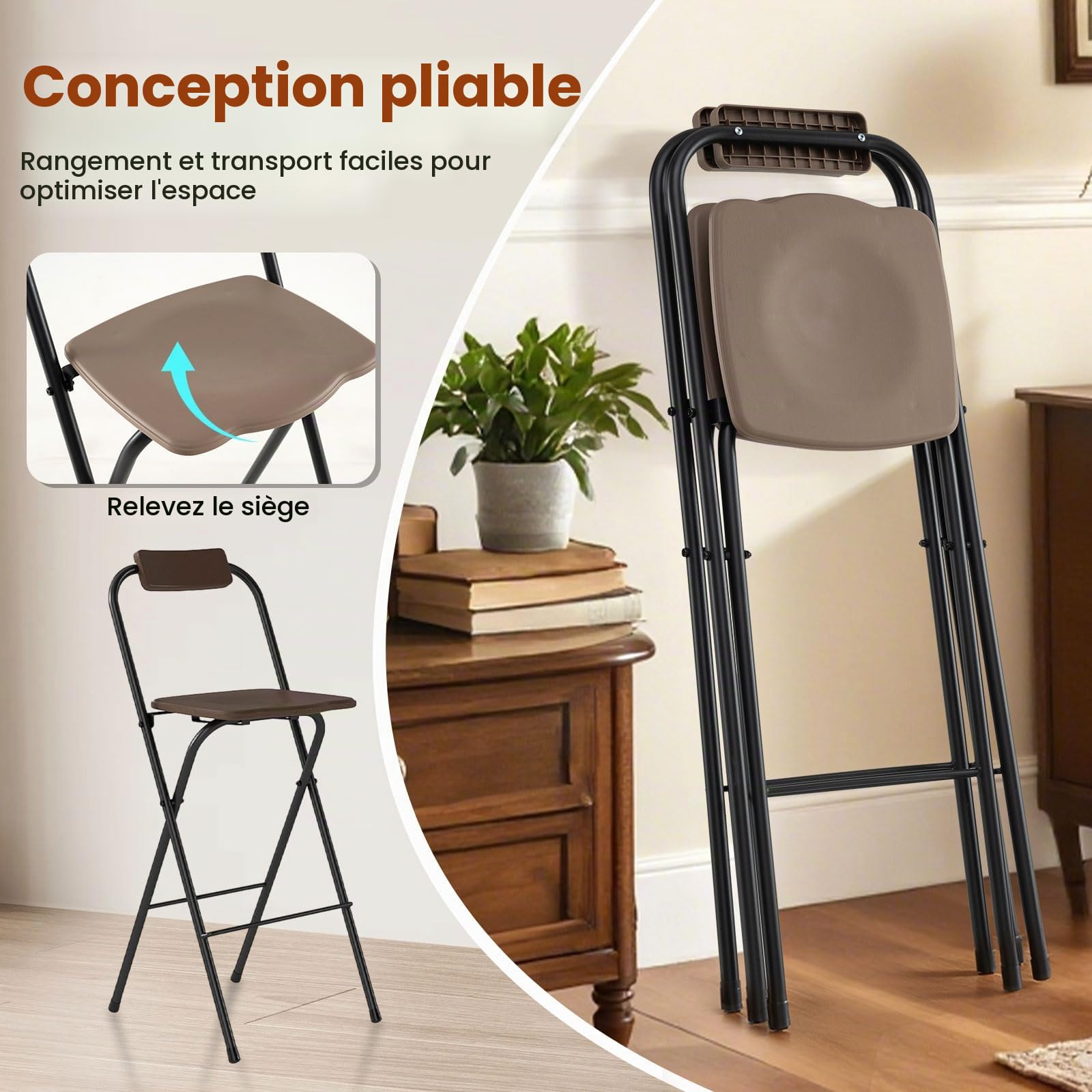 GIANTEX Lot de 2 Tabouret Pliant, Tabouret de Bar avec Dossier Inclinable, Assise Incurvée Repose-Pieds, Structure en Métal, Charge 150 kg, Chaise de Bar pour Salon, Balcon, Terrasse, Jardin, Marron