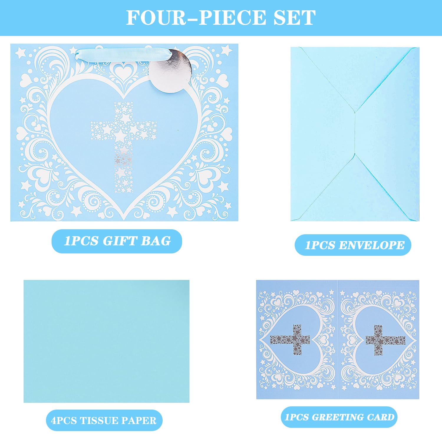 JWSCYSY 12.6" Large Blue Gift Bag with Metallic Silver Star Cross Design, Card and Tissue Paper for Baby Boy Baptisms, Christenings, First Communions Religious