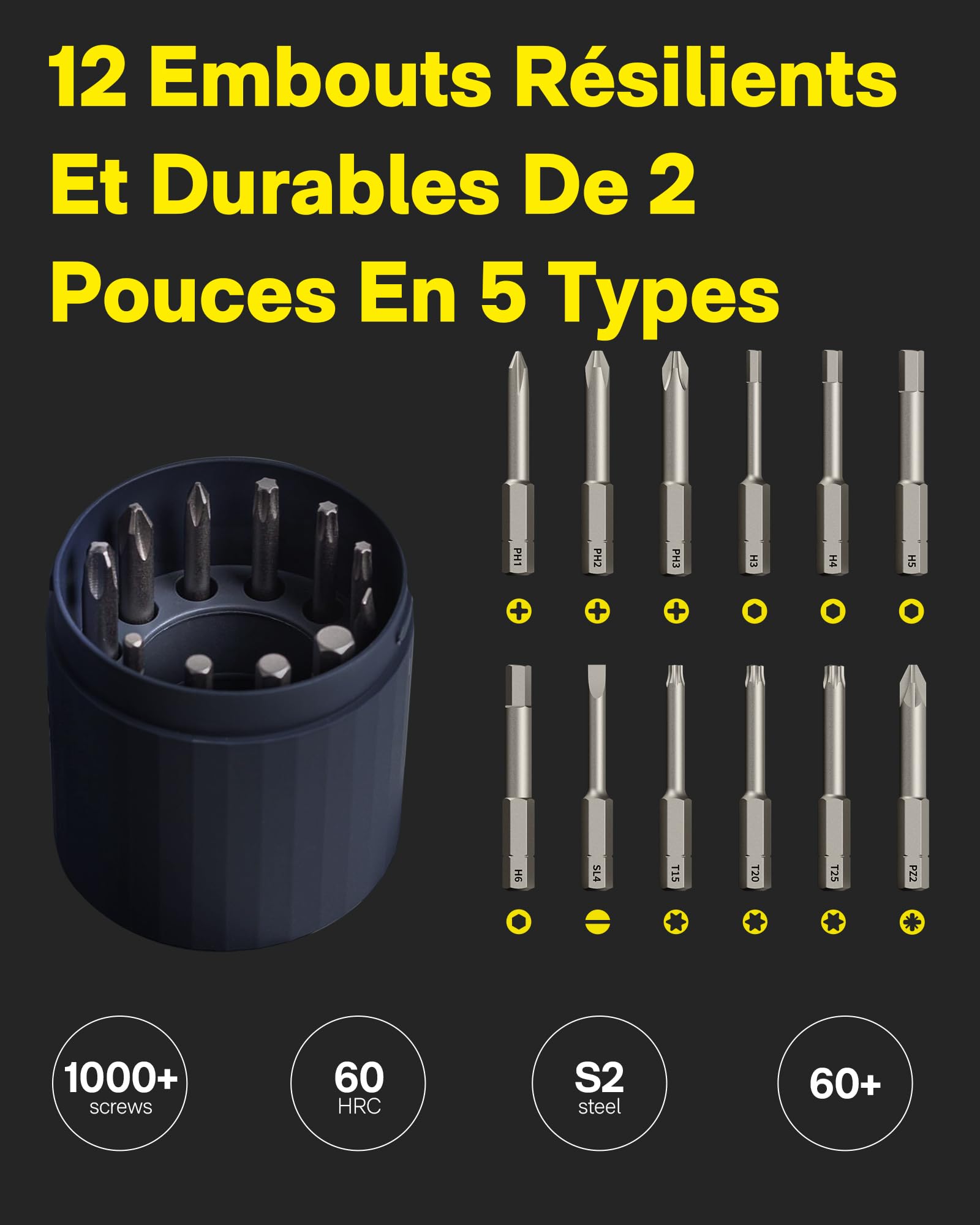HOTO Visseuse sans Fil 3,6V, Tournevis Electrique 4N.m, 12 Embouts en Acier S2, Conception Tout-en-un, Charge Type C, Lumière LED sans Ombre, 3 Réglages du Couple, Batterie 1500 mAh