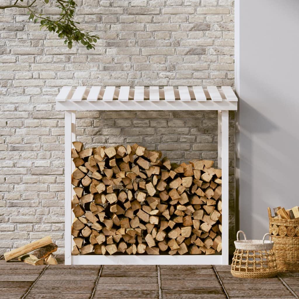 Kaminholzregal Weiß aus massivem Kiefernholz 108x64,5x110 cm, Holzständer für Brennholz Lagerung und Transport, vielseitiger Holzkorb für Kamin, Ofen, Terrasse und Garten