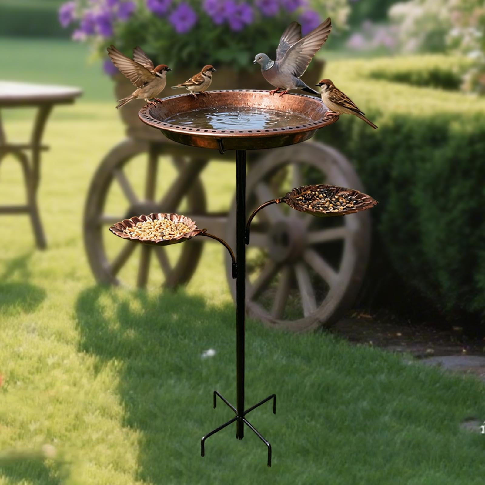 Fenteer Bebedero para pájaros de exterior, comedero metálico, resistente y estable, multifuncional, ideal para decorar el jardín. Incluye estaca de 5 puntas
