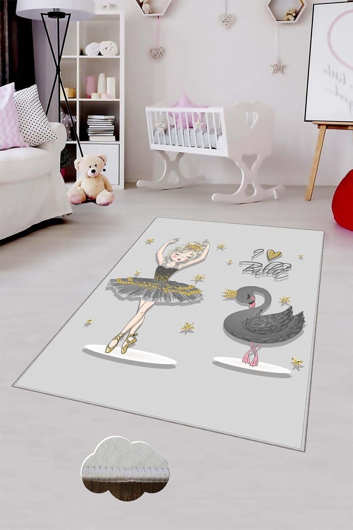 Pelangi Gri Balerin Ve Kuğu Desenli Yıkanabilir Kaymaz Taban Leke Tutmazbebek Ve Çocuk Odası Halısı, Gri-Gold 160 x 230