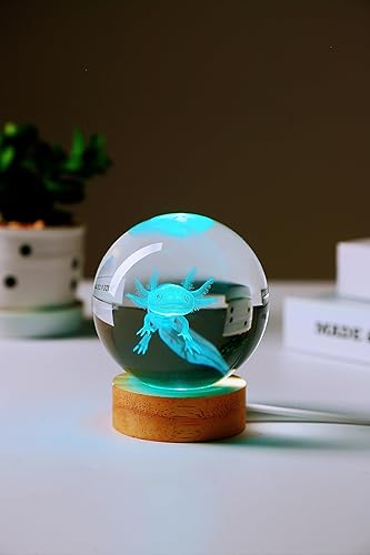 Miniatura 6 de Lámpara de axolotl, 3.15 pulgadas 3D K9 bola de cristal Axolotl luz nocturna con base de madera, 16 colores cambios, control remoto, caja de color,