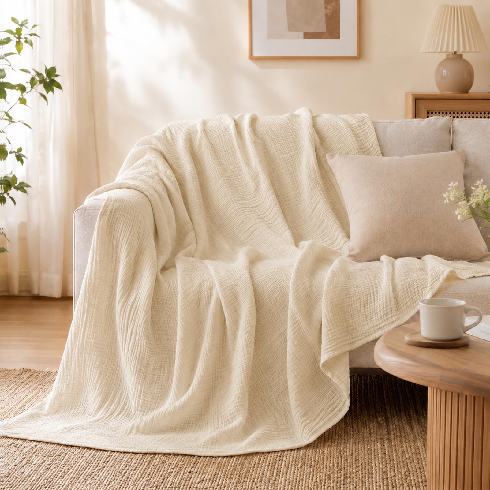Coperta in mussola, 150 x 200 cm, 6 strati, in 100% cotone, prelavata, morbida e traspirante, leggera coperta estiva per letto e divano (beige chiaro)