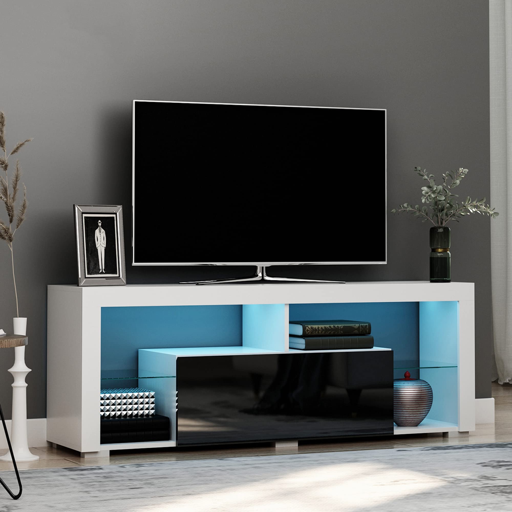 HOMCOM Mueble de TV para Televisiones de 55”Pulgadas 140x35x52 cm Blanco | Mesa para TV de Salón, Luz LED, 6 Modos de Colores, Mando a Distancia, Cajón, Estantes de Cristal Ajustables, Alto Brillo