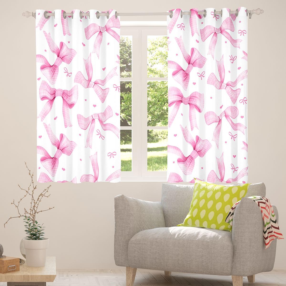 Homewish urocze różowe kokardki zasłony okienne 132 x 160 cm 2 zestawy paneli - modne kokietki kokardki zasłony zaciemniające kawaii wstążka wiązana węzeł zasłony okienne zasłony modny styl