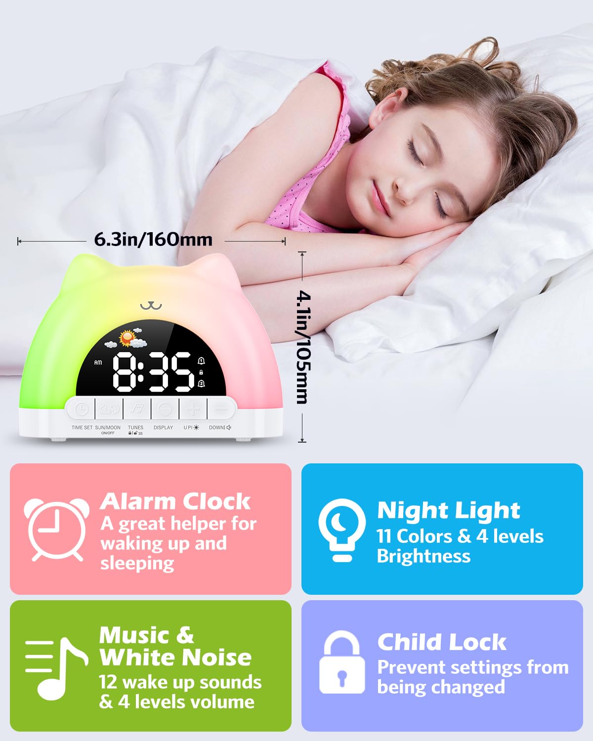 Reveil Enfant Educatif Jour Nuit, Reveil Lumineux avec Veilleuse 11 Couleurs RGB, Snooze, 2 Alarme, Réveil Numérique pour Enfants avec Lune et Soleil, Entraîneur de Sommeil Fille Garçon