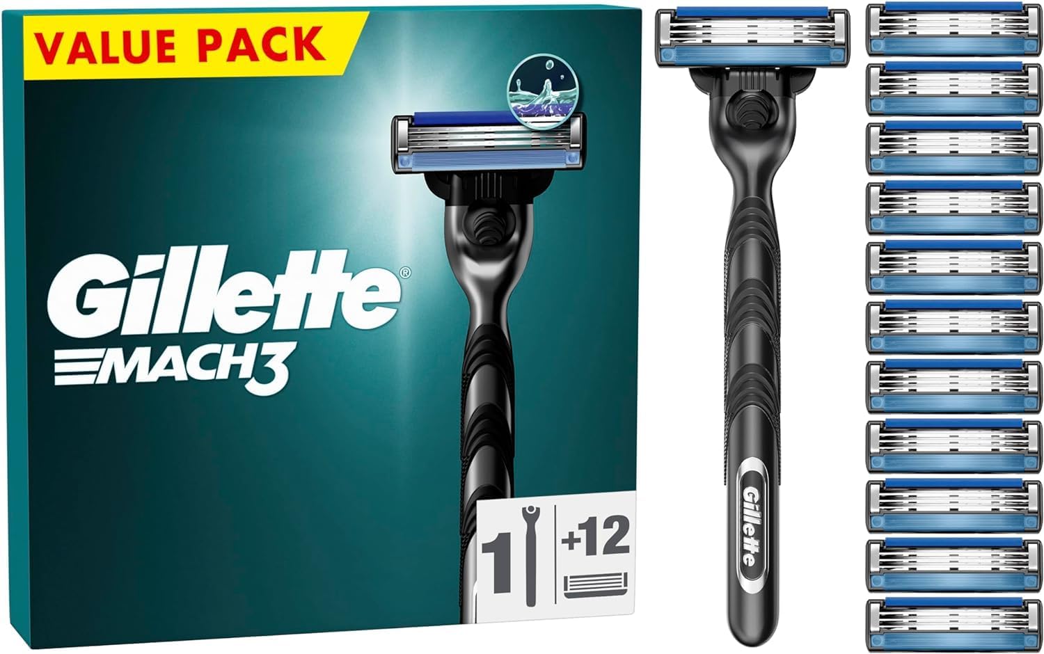 Mach3 Men's Razor + 12 Razor Blade Refills, 3 Blades for a Smooth Shave, Fits All Mach3 Handles