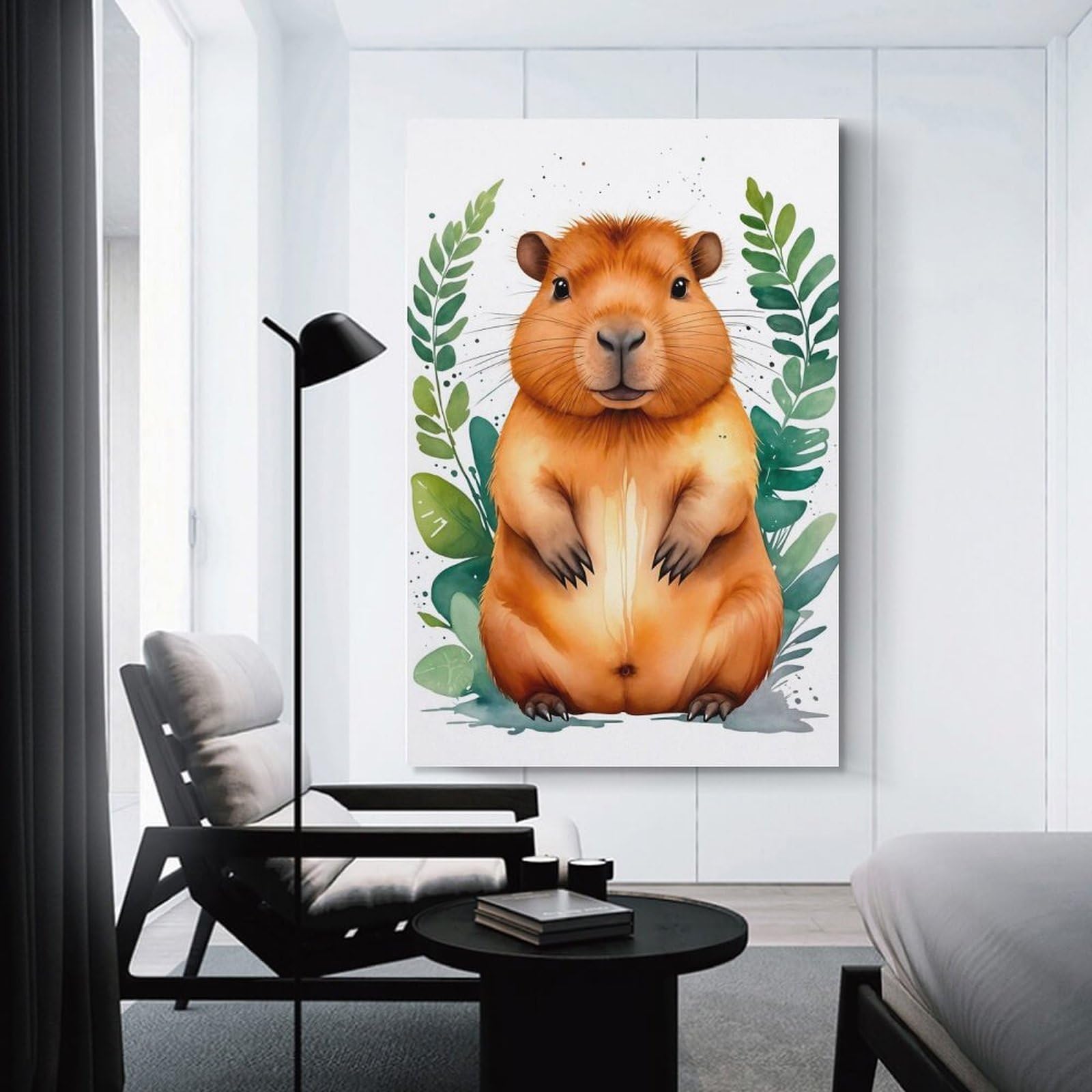 Junmoney Unframe-Style-2 Cute Capybara Watercolor Decorative Canvas Print, 20X30inch(50X75cm), For Living Room, Bedroom Or Home Office, Canvas Artwork With Gifting Potential