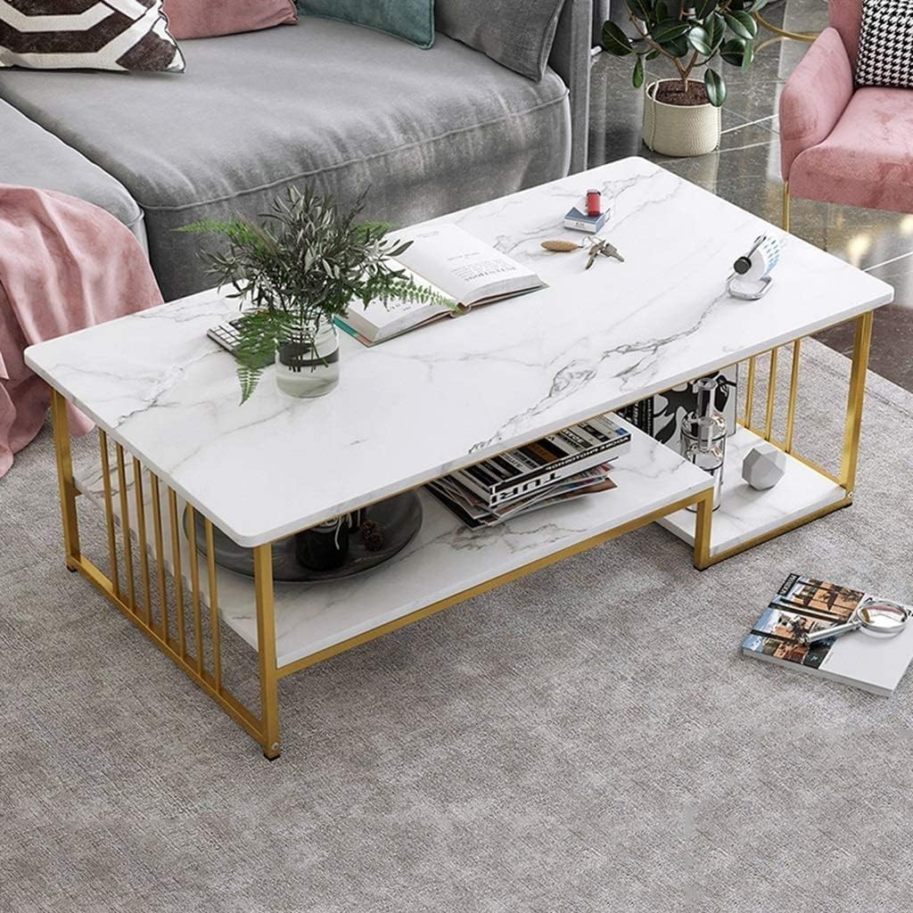 Brown Art SHOPPEE 3-Tier Rectangular Center Coffee Table, Faux Marble Table with Open Storage Shelf, Black Finished Metal Frame, Modern Center Table for Living Room, Reception Room (Gold & White)