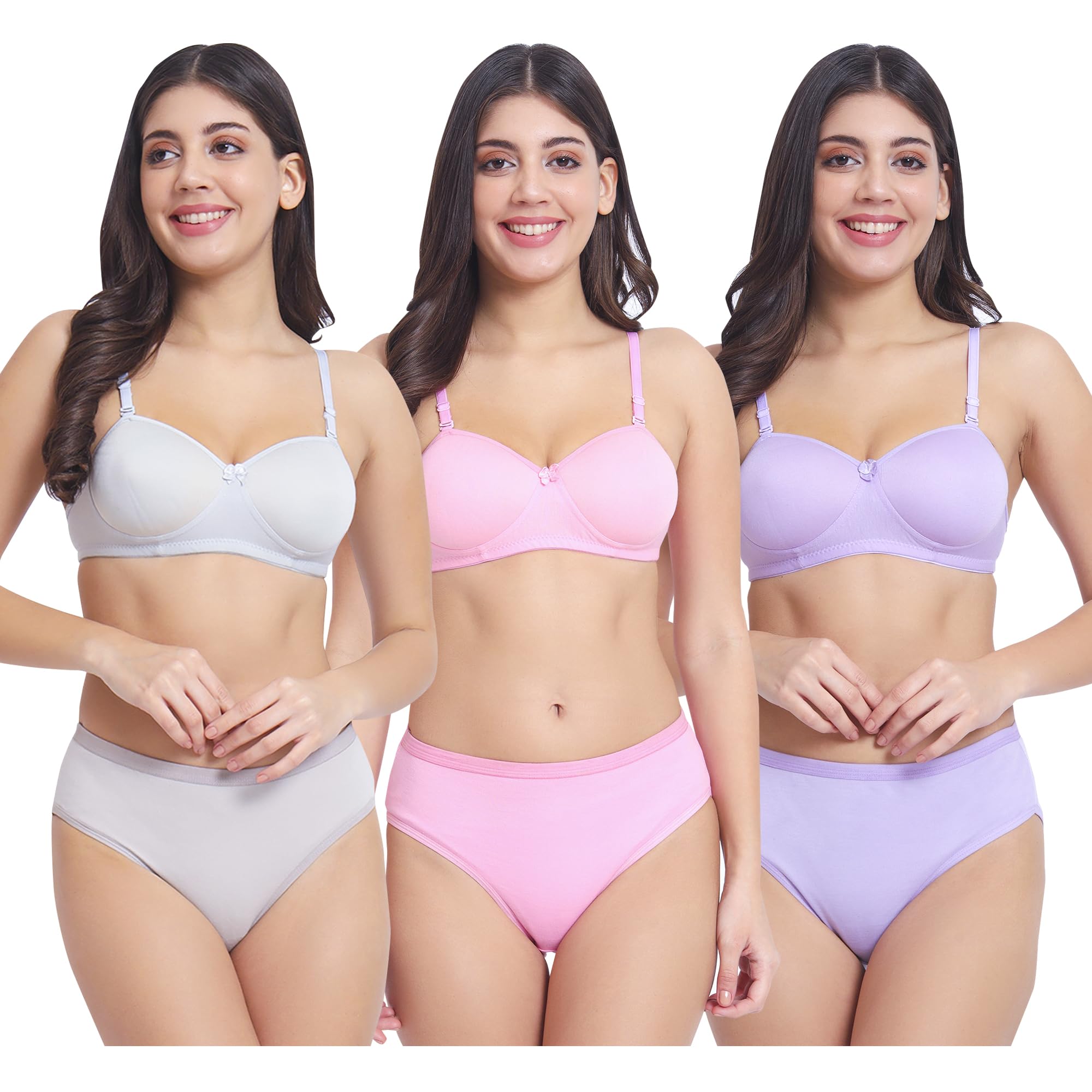 Women' s Premium Lighlty Padded Bra Panty Set Pack of 3 in (Multicolor)