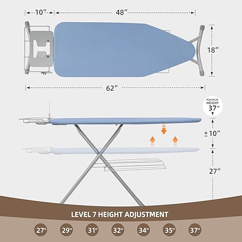 Miniatura 2 de STO STO Tabla de planchar de 48 x 18 pulgadas con soporte para hierro, 7 opciones de altura de hasta 37 pulgadas, tabla de hierro plegable de tamaño