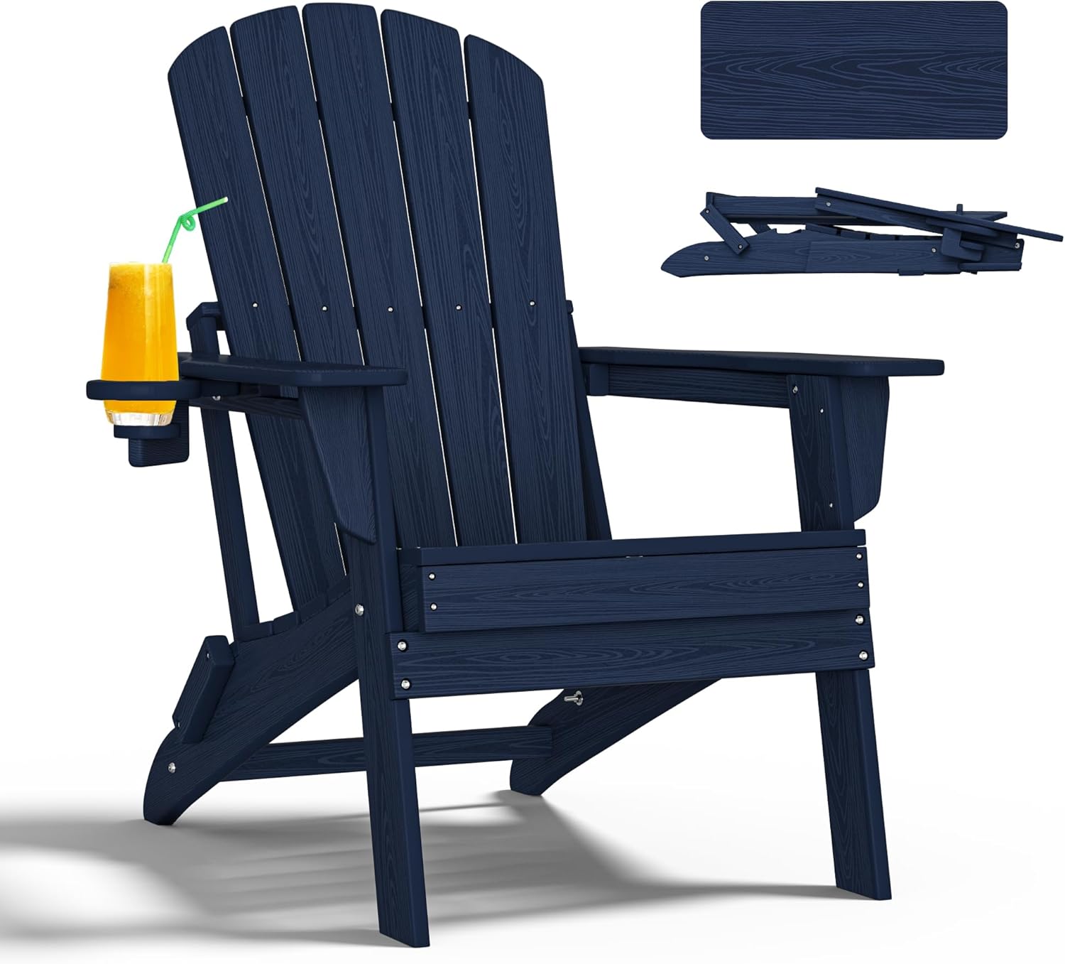 Folding Adirondack Chair - Extended Ergonomic Backrest, Cup Holder - Easy Assembly - Durable HDPE Plastic, Weather Resistant & Maintenance-Free - Lawn, Patio, Deck Supports 400lbs NavyBlue