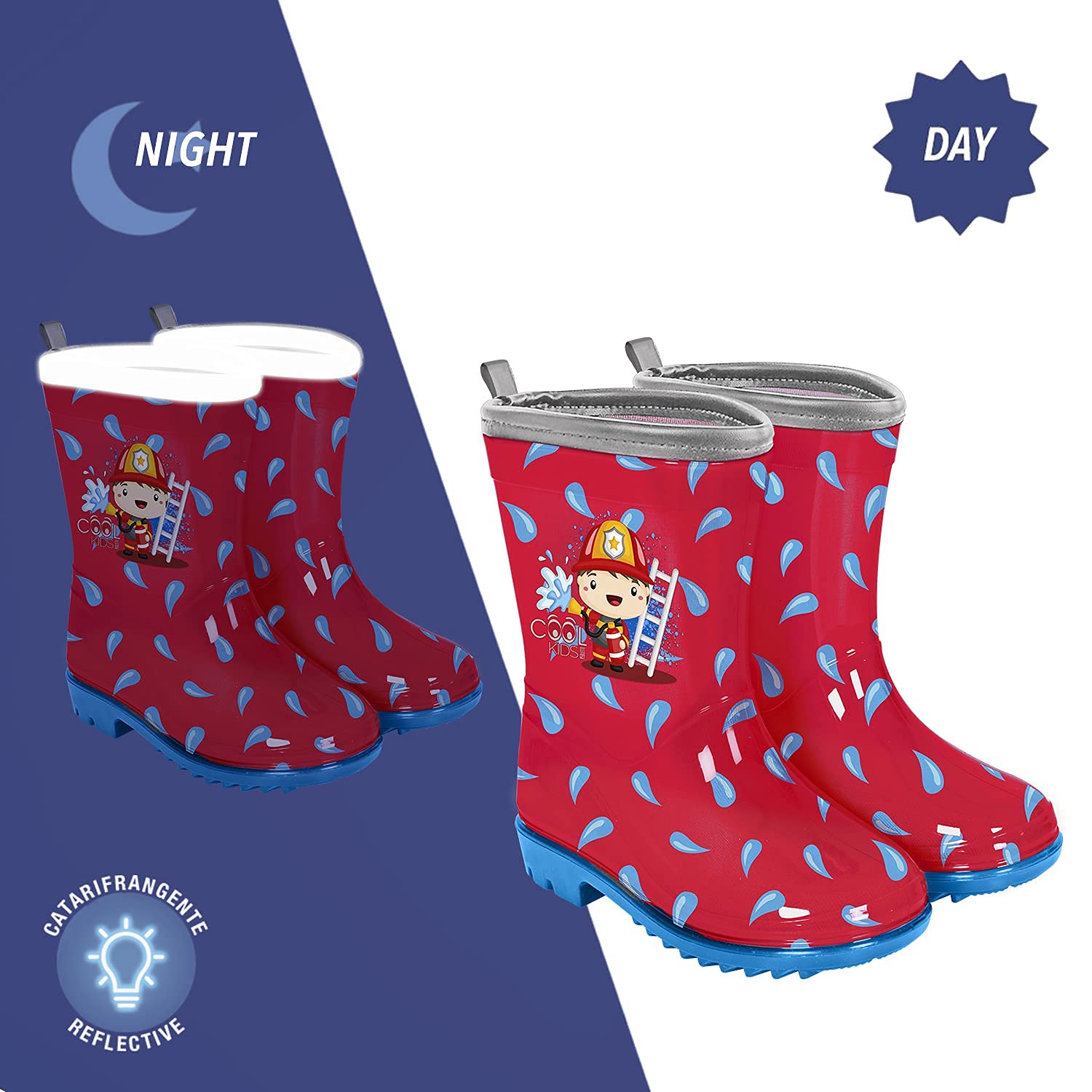 PERLETTI Pluie Enfant de Bottes Bottines Rouges - Garçon Matériau PVC Petit Détails Réfléchissants avec Imperméables Chaussures Enfants Semelle Antidérapante