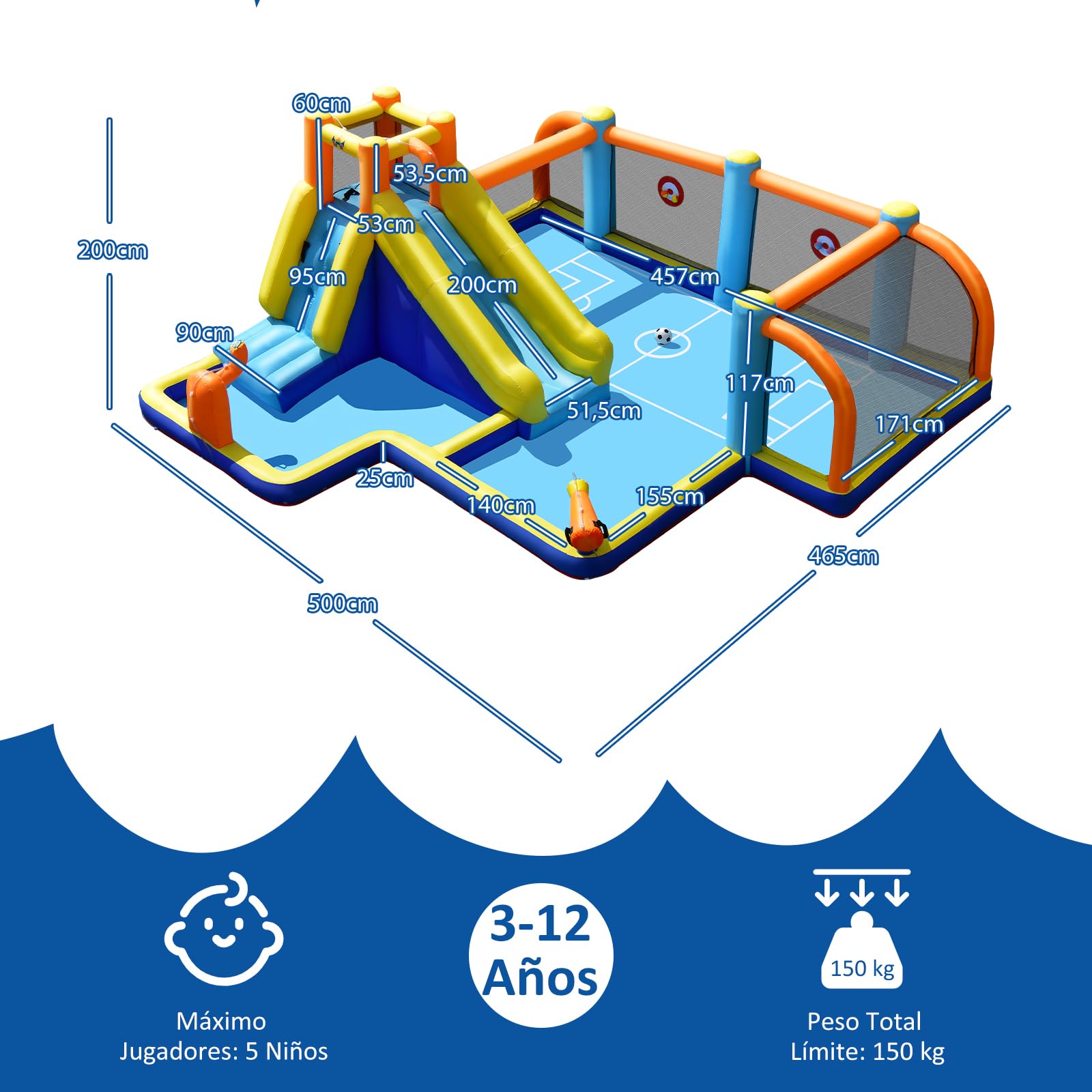 GOPLUS Castillo Hinchable Acuatico para Niños de 3-12 Años, Castillo Inflable Infantil Exterior, Cosido de Material Extra Rueso, Tobogán Acuatico, Pared de Escalada, Piscina, Zona Fútbol, Soplador