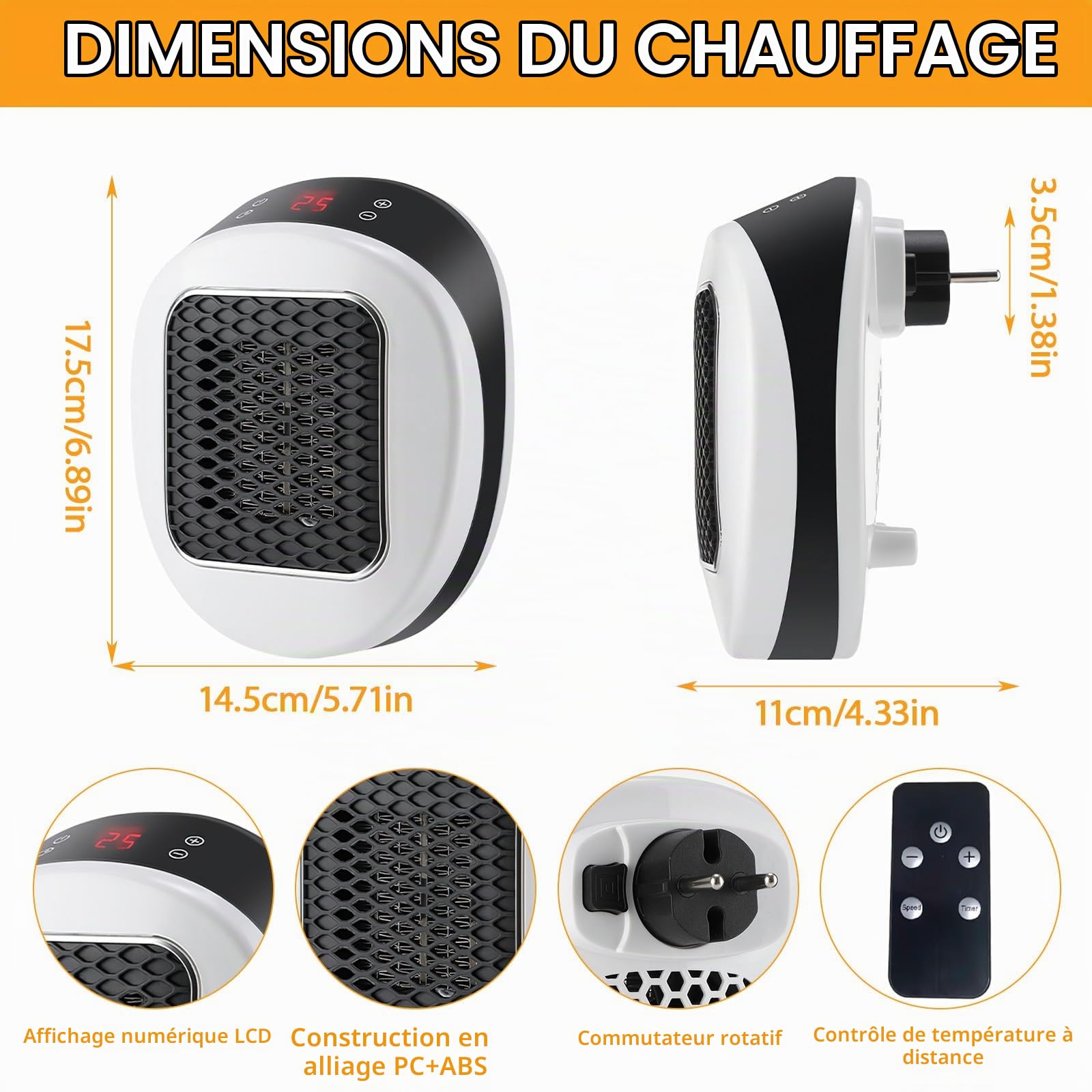Mini Chauffe-air Électrique Socket, Fancysky 600W PTC Mini Heater, Chauffage Soufflant, Radiateur, Protection Contre Surchauffe, pour le Camping, la Chambre à Coucher, Appartement, Tentes, Voyages