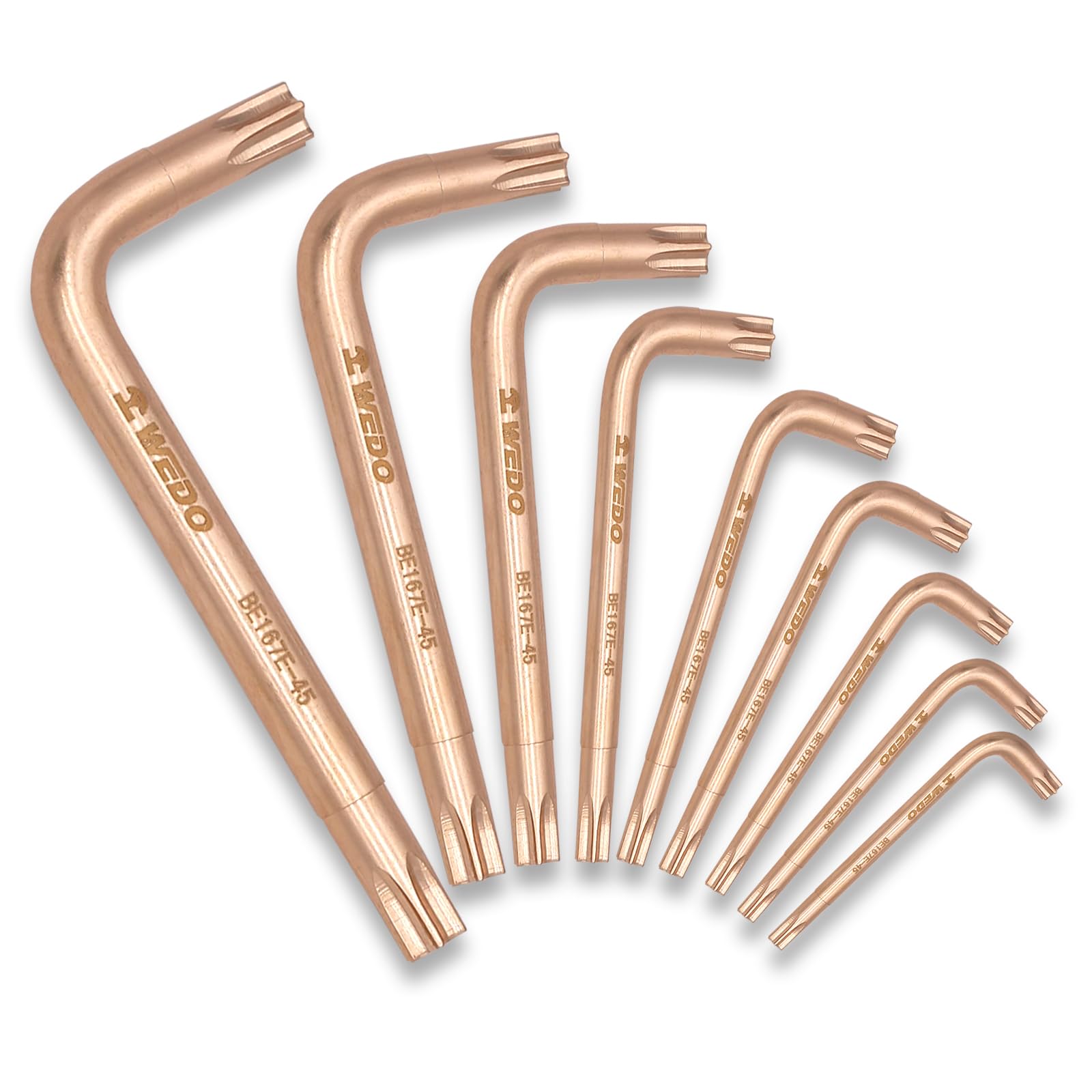 WEDO Juego de 9 llaves Torx sin chispas, T10, T15, T20, T25, T27T30, T40, T45, T50, juego de llaves Allen estrella sin chispas, llave Torx L, cobre berilio, no magnético, certificado BAM y FM