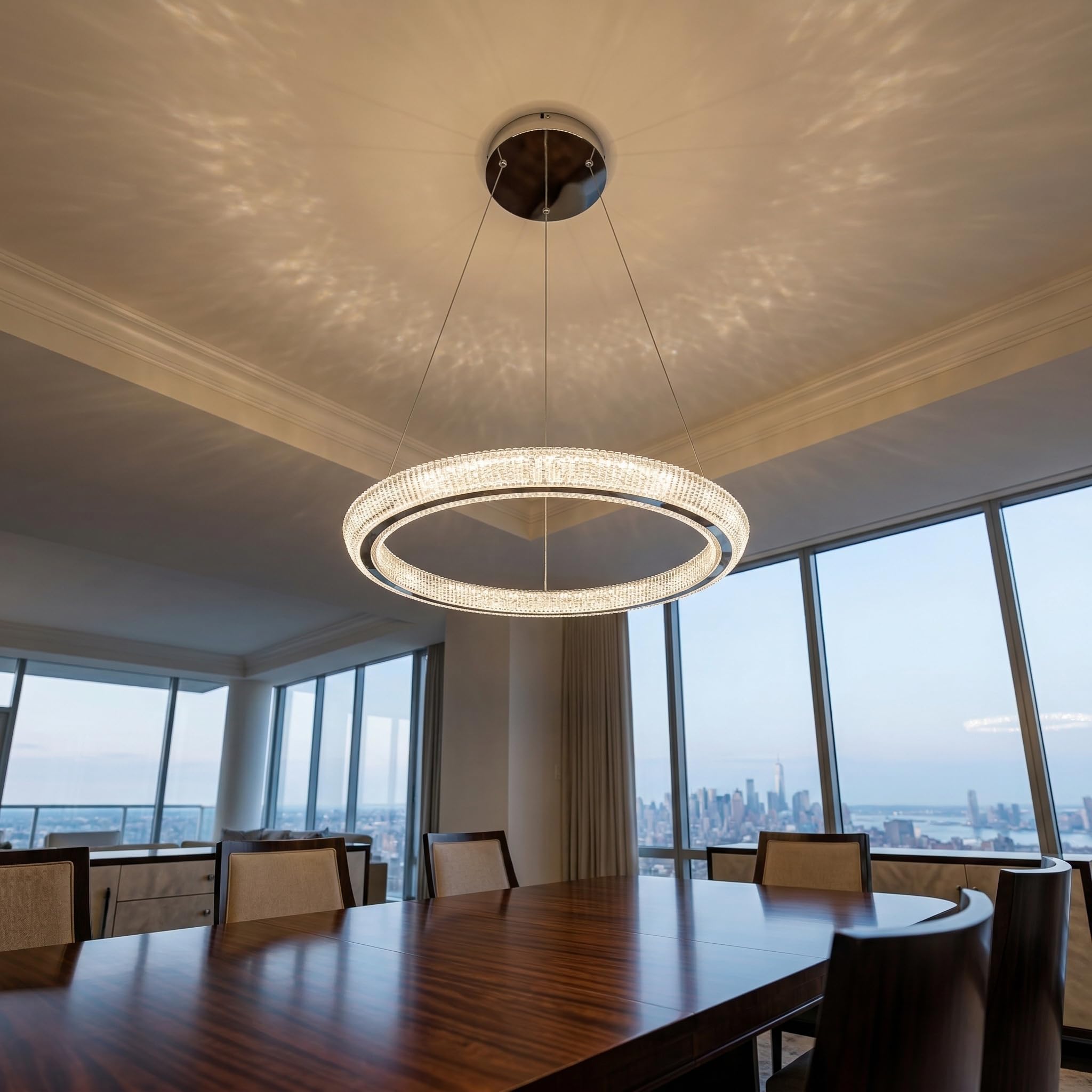 Photo 1 of BESTWEST Crystal LED Chandelier, 23.6" Modern Round Pendant Light, Dimmable Chandelier with Adjustable Height, Crystal Ring Hanging Light for Dining Room, Living Room, Kitchen Island