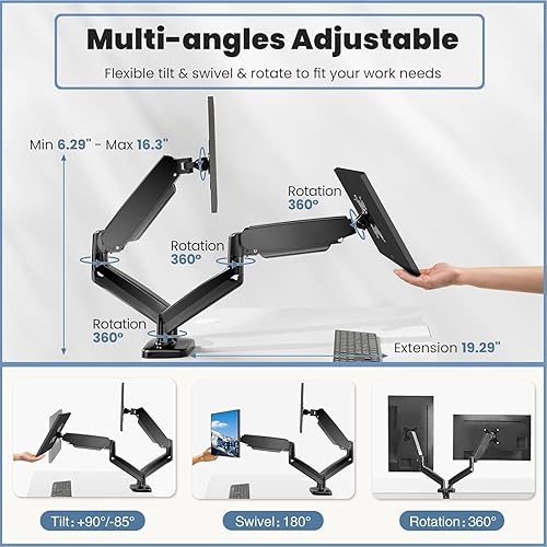 Miniatura 3 de Monitor Arm, Computer Dual Monitor Arm Fits 13-32 Inch Computer Screens, Adjustable Height Swivel Monitor Stand with VESA Mounts, Holds 4.4-17.6lbs,