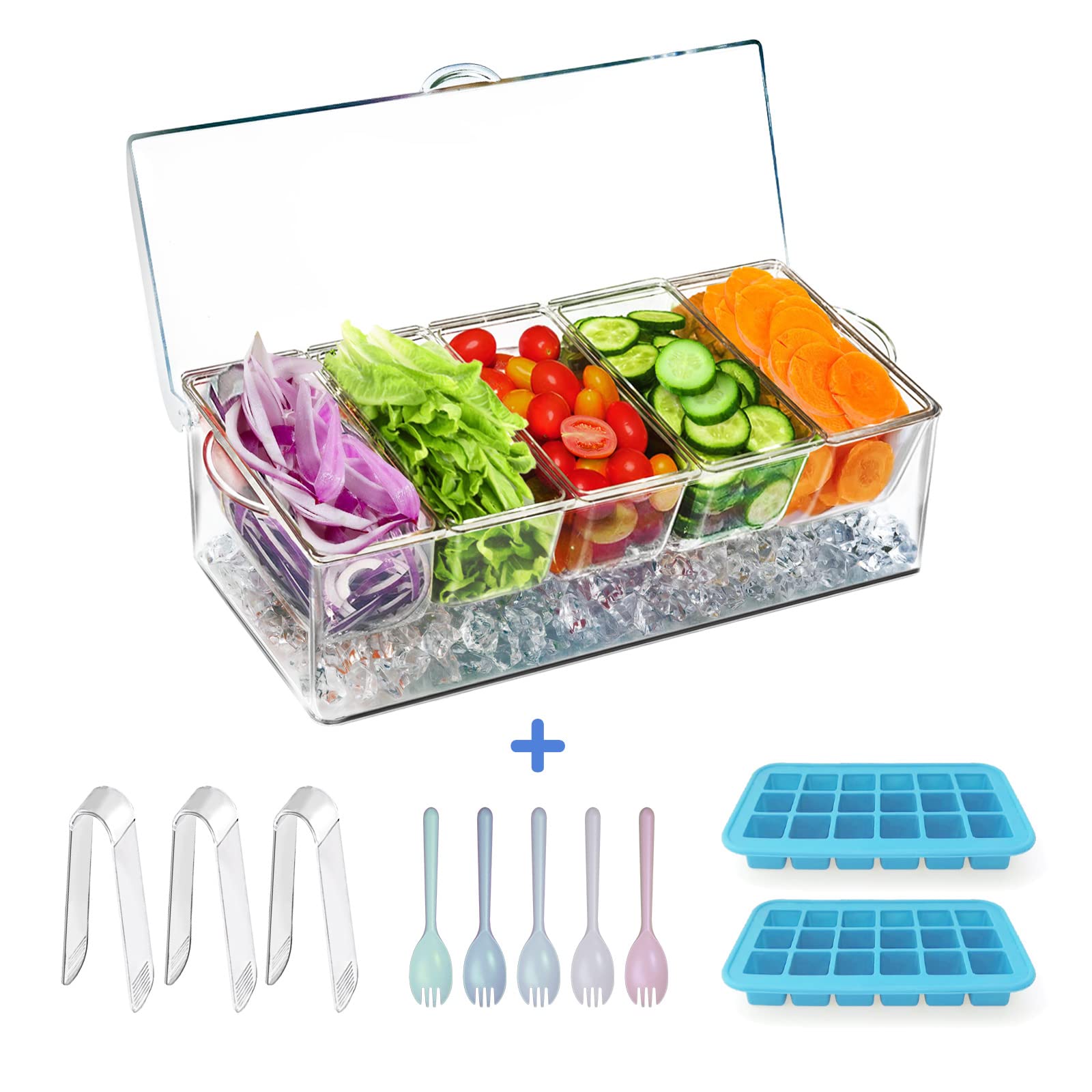 INNOVATIVE LIFE Condiment Server with Lid, Chilled Condiment Serving Tray with 5 Compartments Container for Parties,Cooled Condiment Organizer,Clear Condiment Dispenser on Ice,Bar Fruit Garnish Caddy