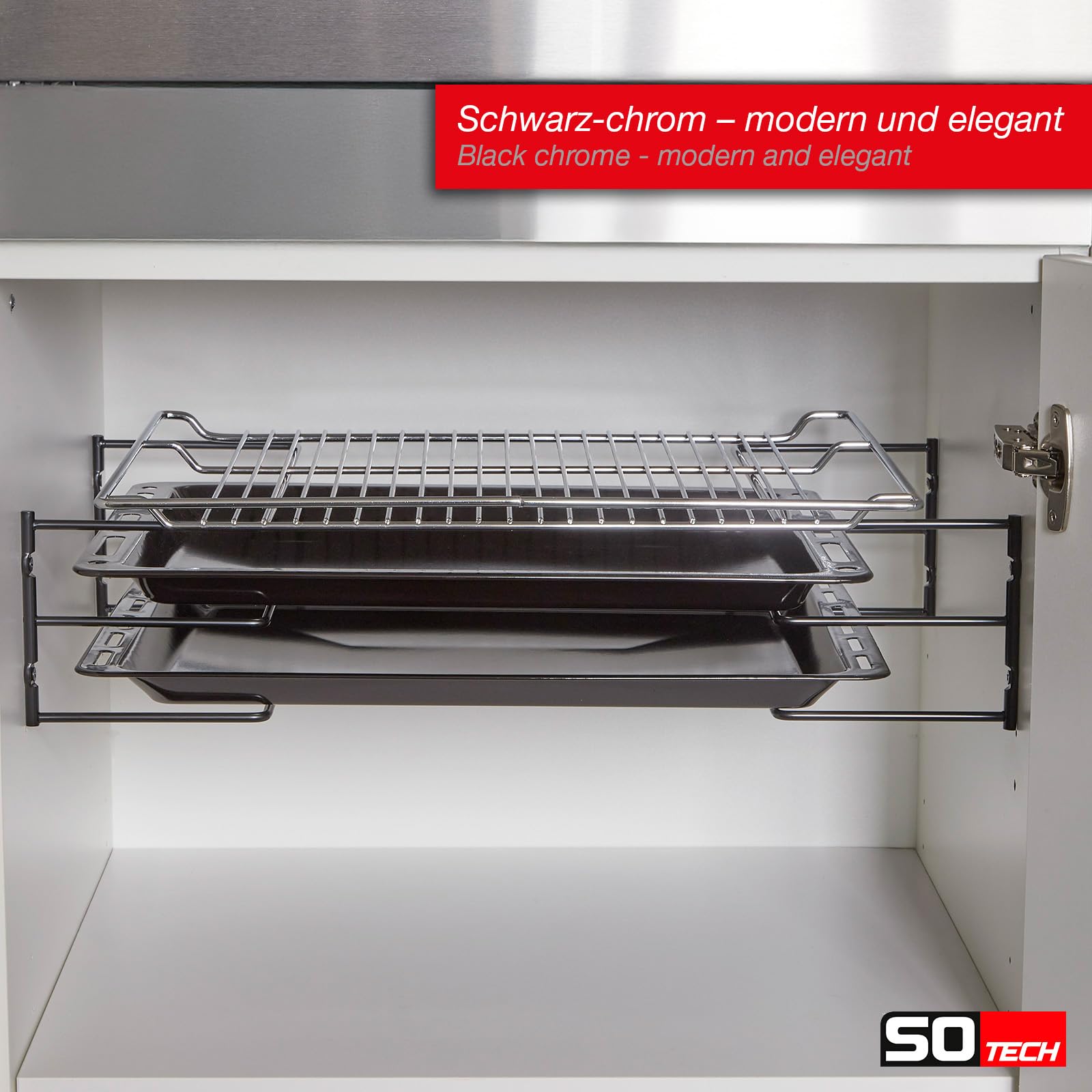 SOTECH Support de plaque de cuisson pour 3 plaques de cuisson (364 x 140 x 125 mm, noir chromé, pour largeur de caisson de 600 mm) Support de grille de cuisson - l'ordre facile