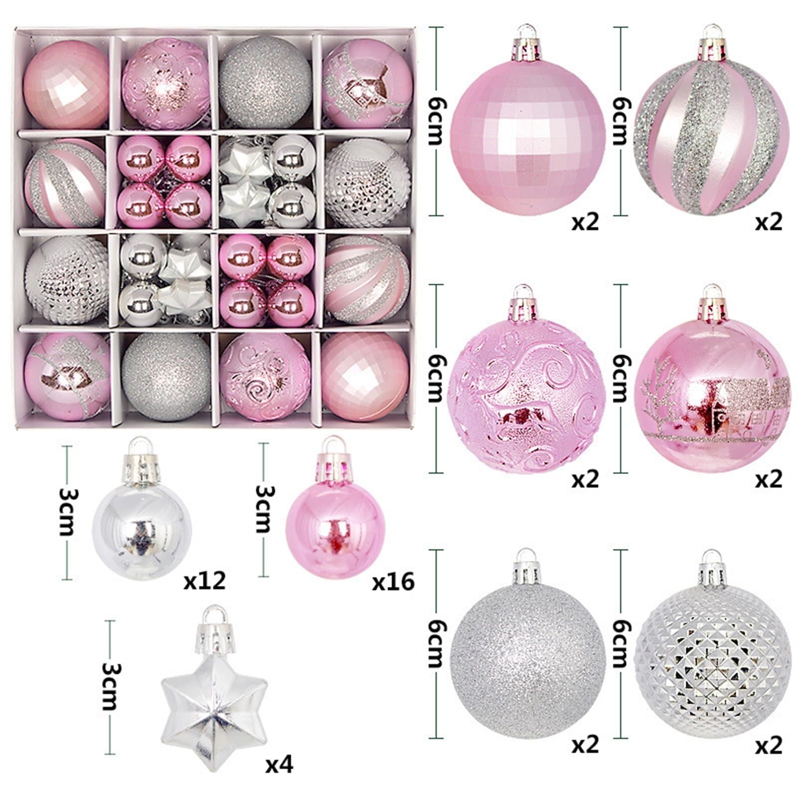 Juego de 44 bolas de Navidad pintadas de 3 a 6 cm, decoración de árbol de Navidad, colgante de bola galvanizada