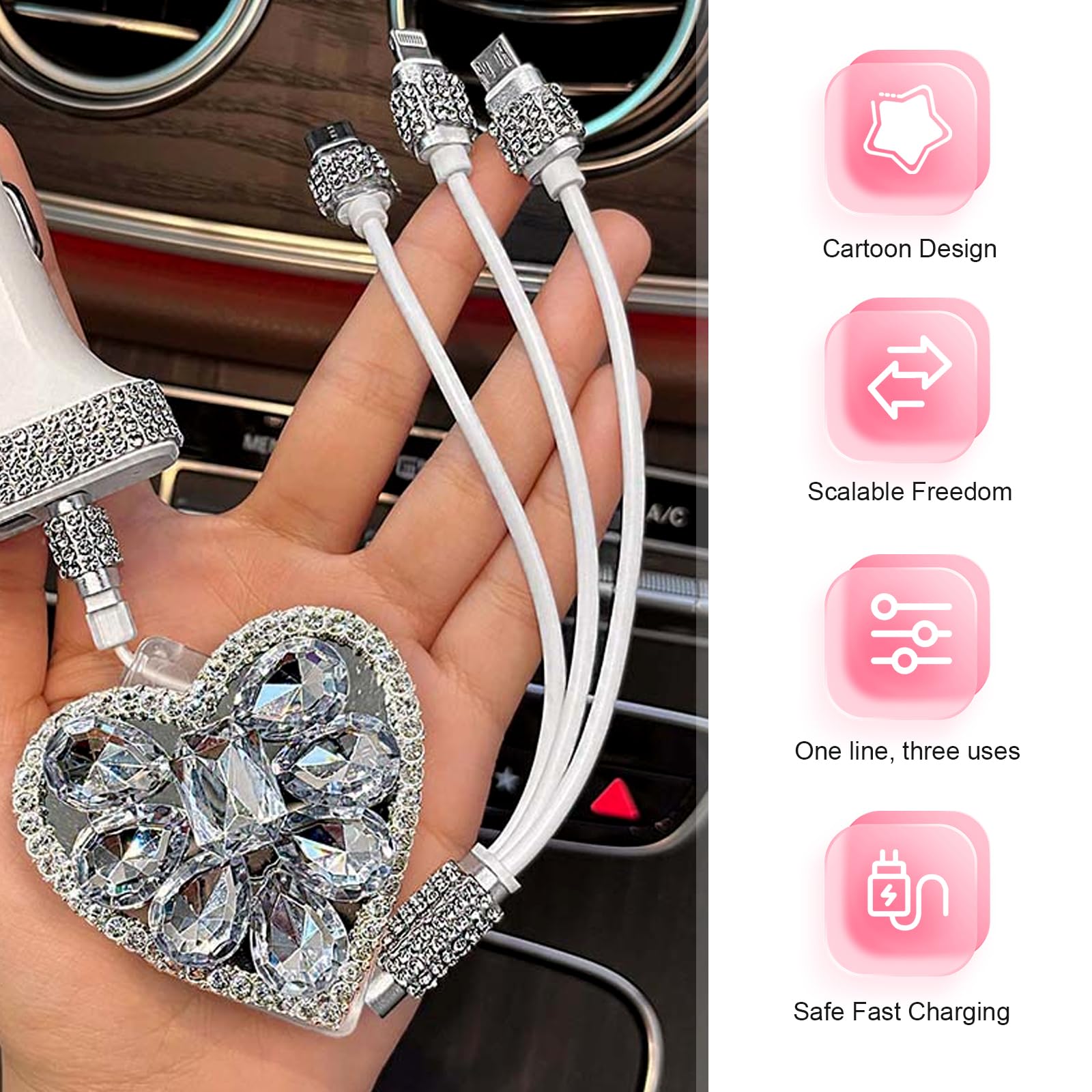 Multi Ladekabel, 3 in 1 Bling Strass Einziehbares Auto Ladekabel mit Typ-C/Lightning/Micro USB Steckern, Universal Sparkly Auto Innenraum Zubehör (Weiß)