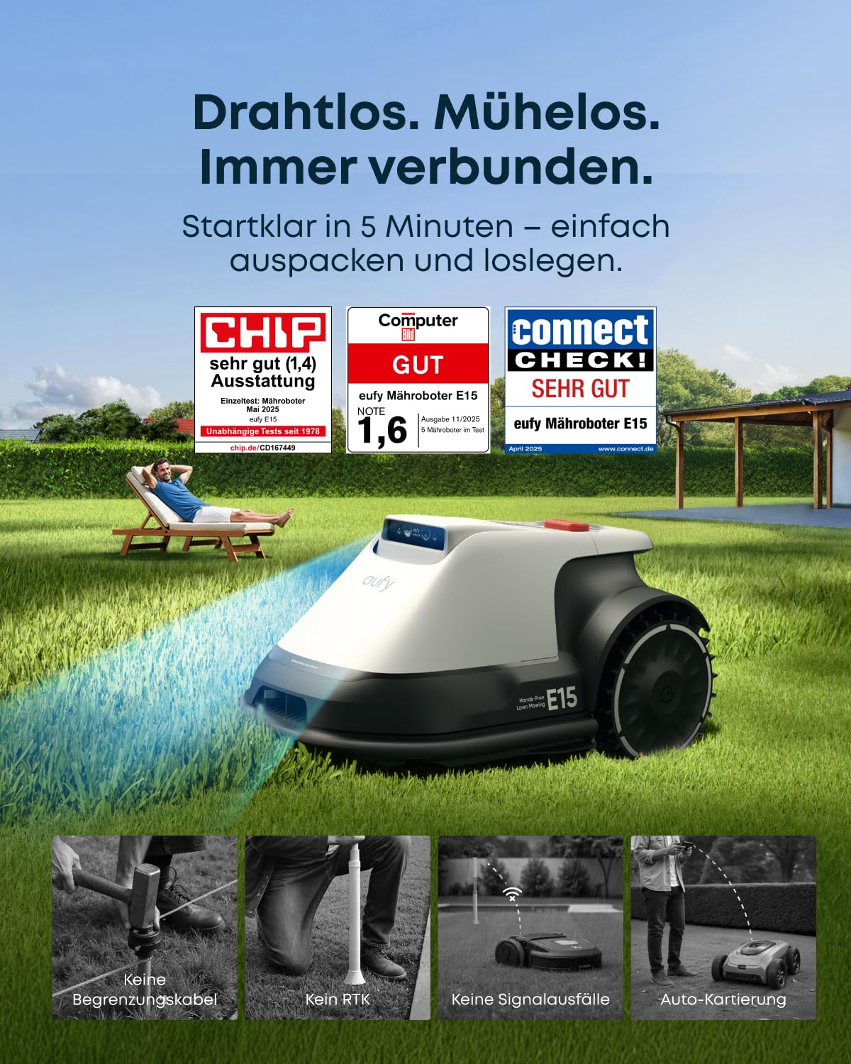 eufy E15 Mähroboter, Keine Signalausfälle, Kein RTK, TrueVision Technologie, Smart-Navigation, Garten bis 800m², Präzisionsrandschnitt, Hindernisvermeidung, App-Steuerung (Generalüberholt)