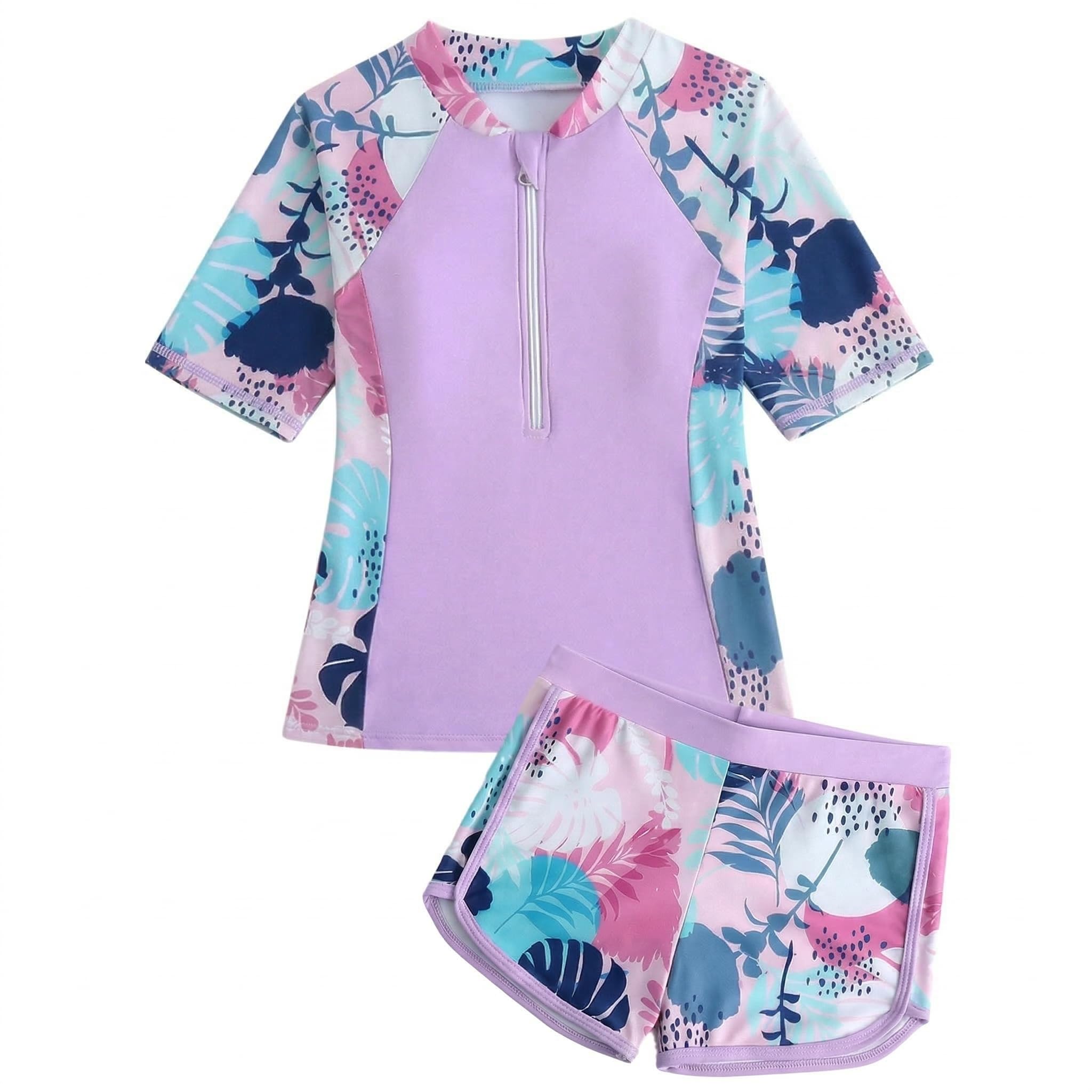 Niñas Traje de Baño 2 Piezas Manga Corta Protección Solar, Secado Rápido Estampado Top con Cremallera y Shorts, Elástico Rash Guard Playa Piscina Bañador Ropa para 5-14 Años