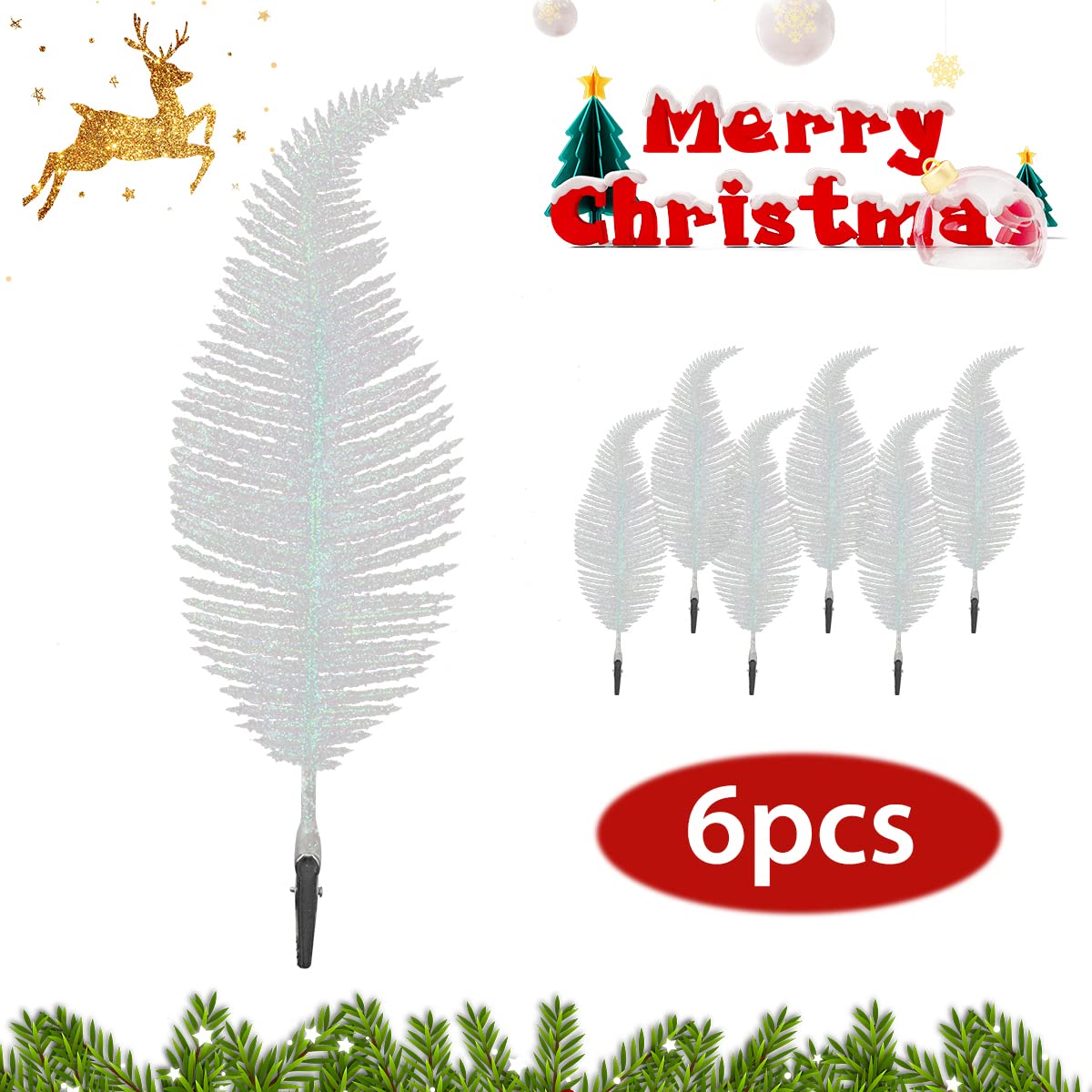 6PCS White Christmas Glitter Feathers Christmas Tree Baubles 8.7 Inch Christmas Tree Feathers Christmas Decoration Baubles Clip on Feather Decoration Glittery Ornament Baubles Christmas Family Décor - Image 2