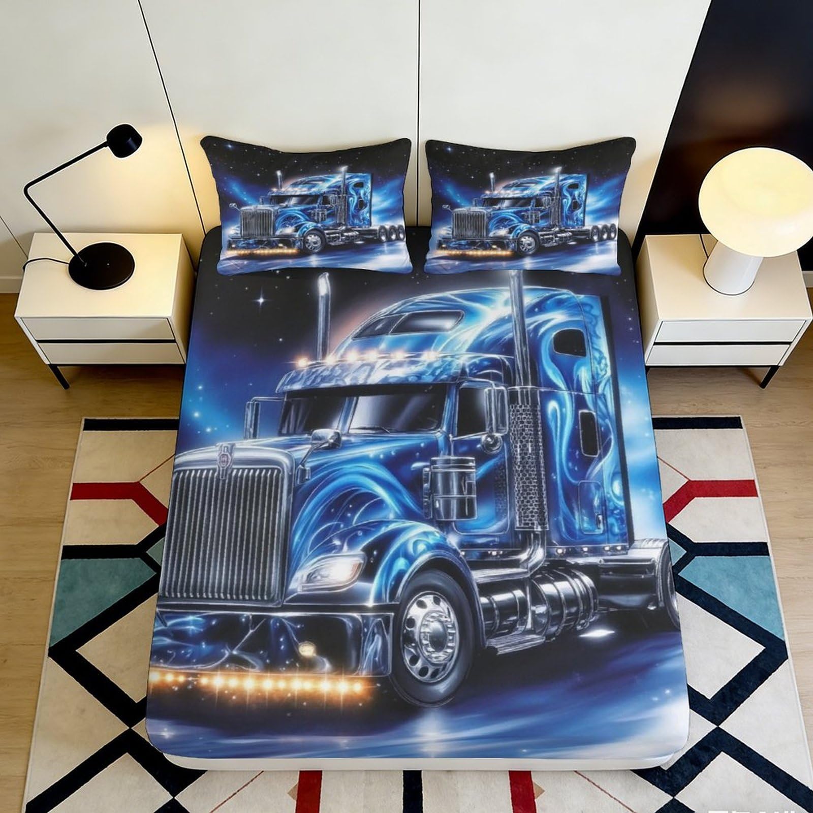 Uynsixtme Style-6 3D Printed Truck Fitted Sheet Microfiber Deep Pocket Bedding Set Truck Mattress Fitted Cover Elastic Hem Washable Bedroom Protection 140X200x25cm