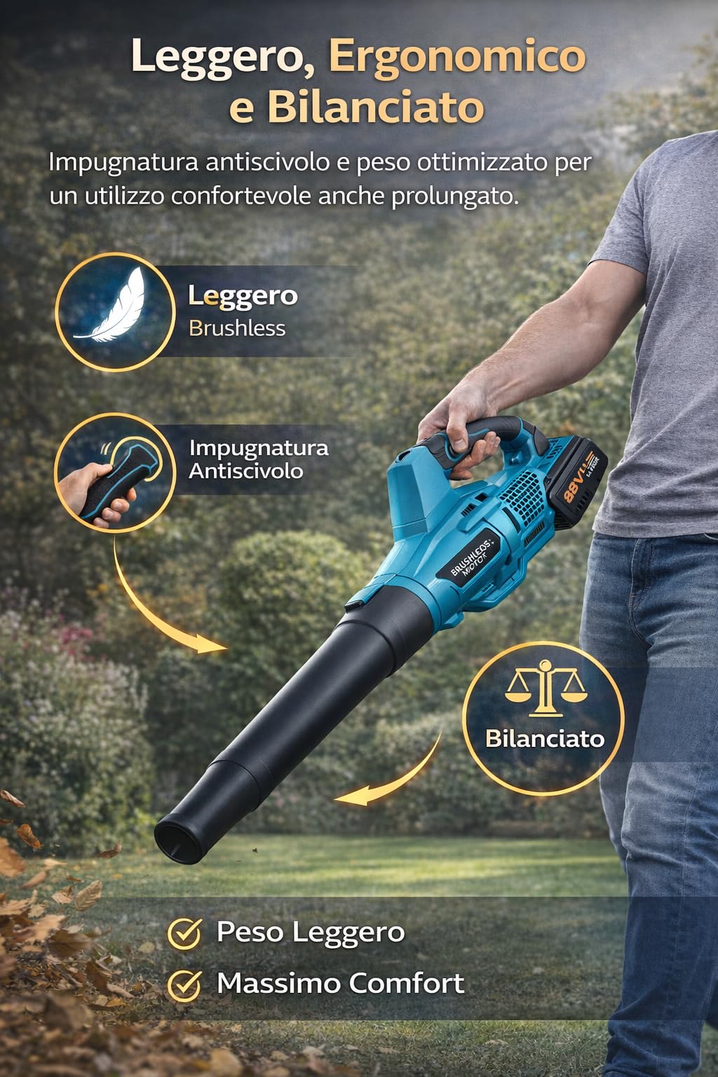 Soffiatore a Batteria 88V con 2 Batterie 4.0Ah, 2 Anni di Garanzia, 240 km/h, 20000 RPM, 6 Velocità Regolabili, Soffiatore Foglie Elettrico con Caricabatteria e Ugelli Inclusi