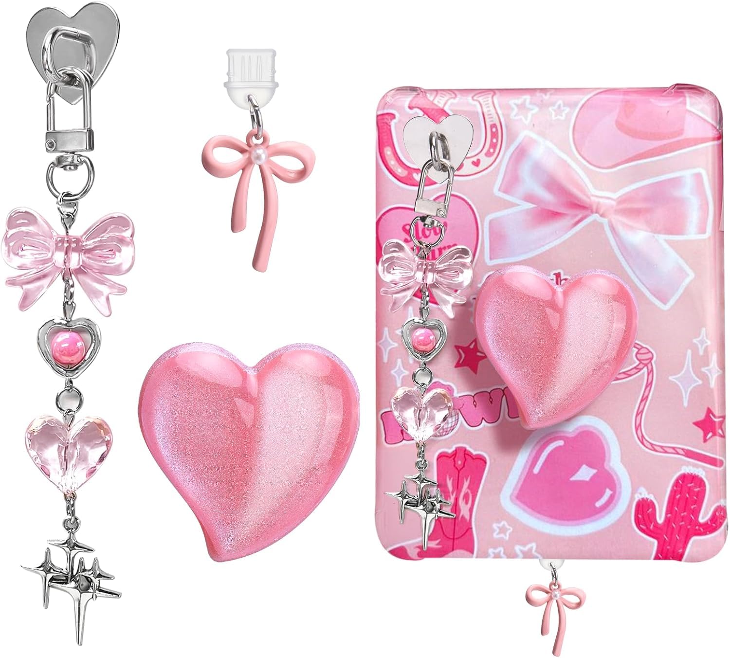 Tazweeq Cute Charms Set, Heart Grip Holder with Dust Plug Charms, Compatible with Kindle Paperwhite 11th/12th Generation, Decorative Bling Keychains (Pink)