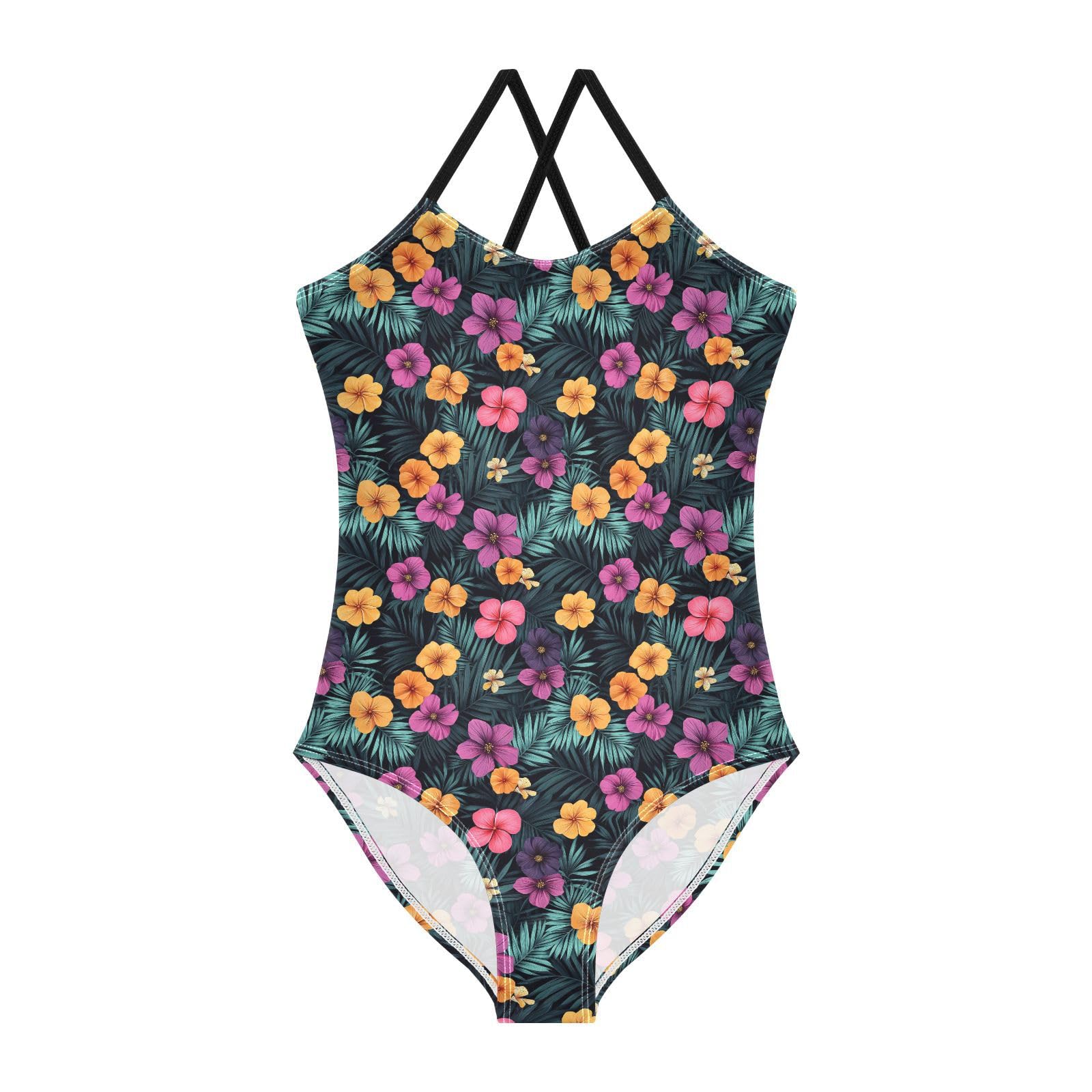 JUNZAN Tropical Palms Hibiscus Kids Swimsuits Bathing Suit Swimsuits for Girls Size 7-8 Black
