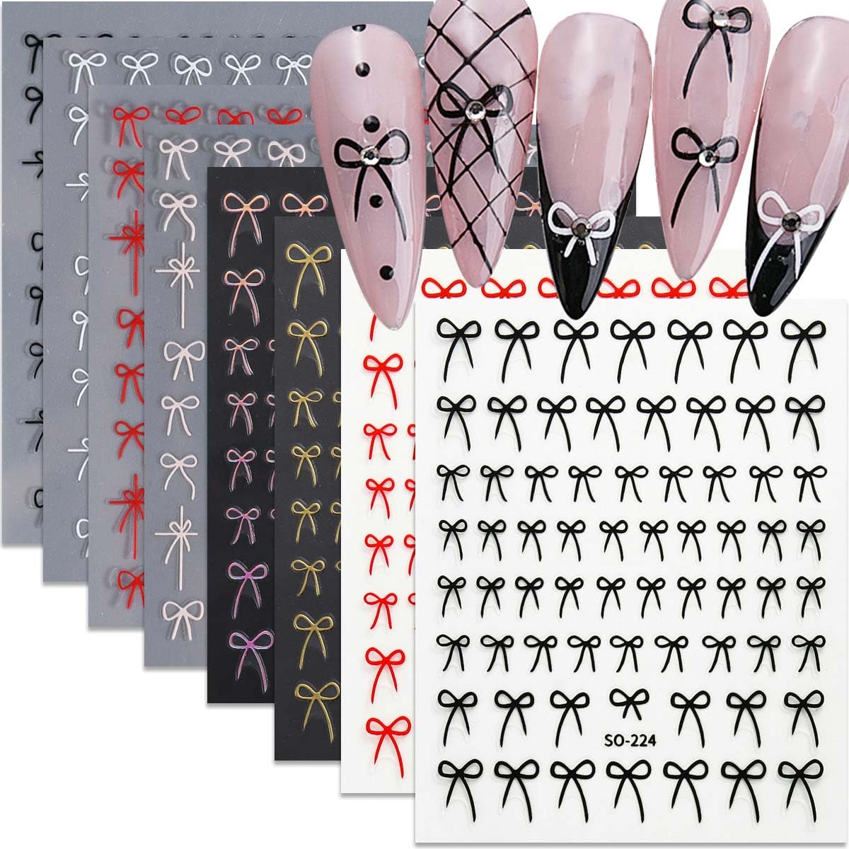8 Sheets Bow Nail Stickers for Nail Art Black White Red Bow Nail Decals Gold Aurora Bow Nail Art Stickers 3D Self-Adhesive Stickers for Nail Designs Manicure Decorations for Women Girls