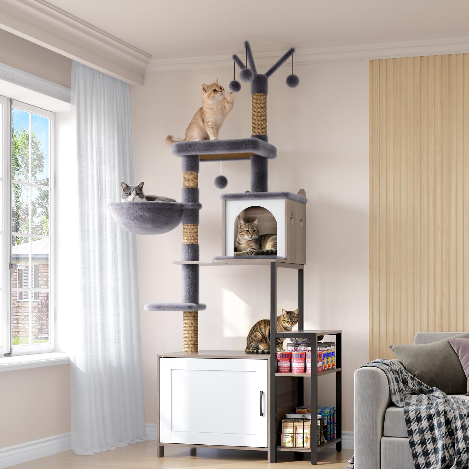 HavenlyYouth Árbol para gatos con cuencos de comida y caja de arena, torre para gatos de varios niveles con postes de sisal para jugar, hamaca de felpa en gris para mayor comodidad