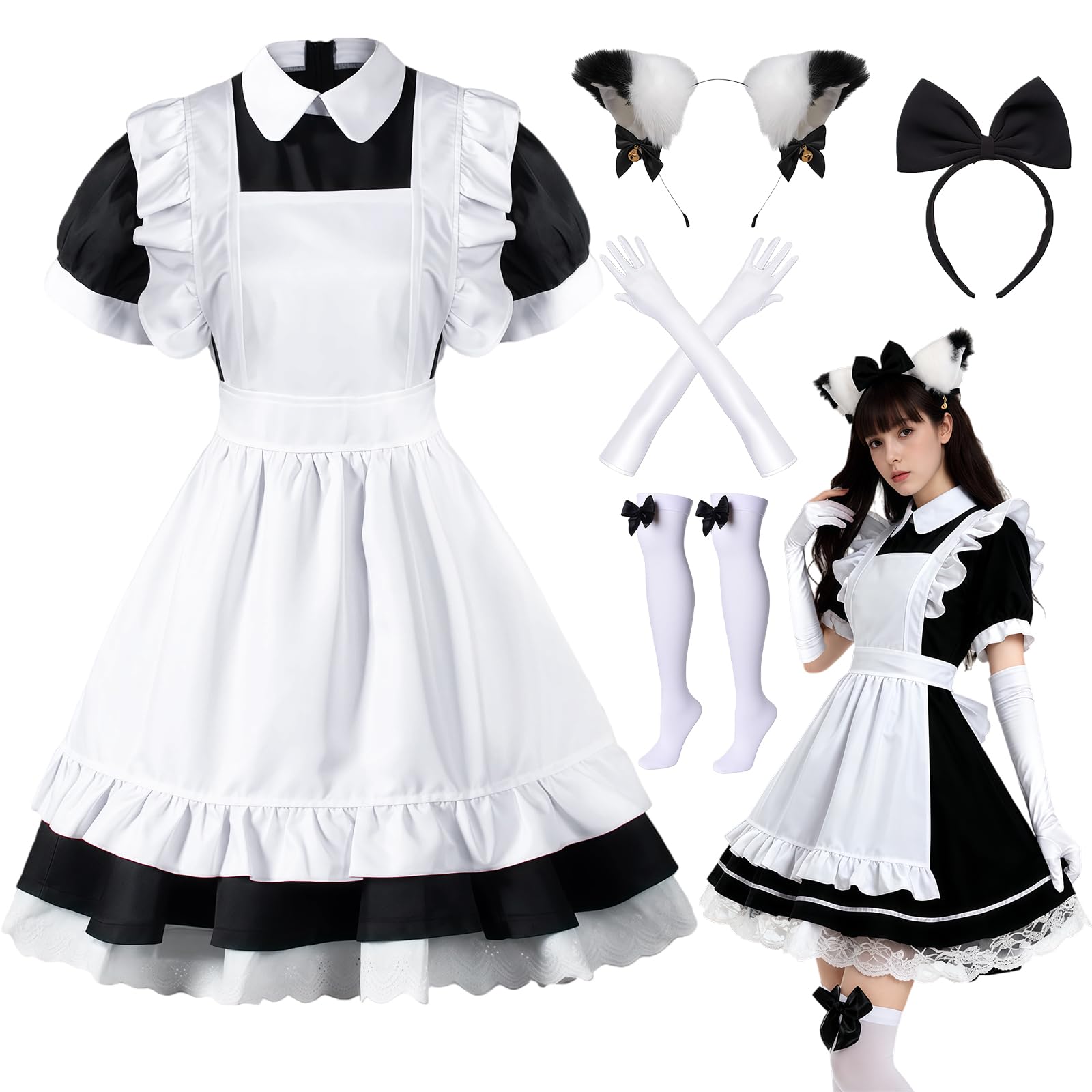 Amtum Maid Dress Costume French Lolita Maid Outfits for Women Maid Apron Cosplay Lolita Outfit Anime halloween Costumes Headwear Gloves Socks Set，T001-XL
