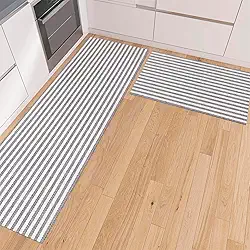 Tapete Kit de Cozinha Antiderrapante Conjunto Passadeira 1,30m x 45cm Capacho 65cm x 45cm Jogo Cru Preto Minimalista Moderno Artesanal Listrado (2 Peças)