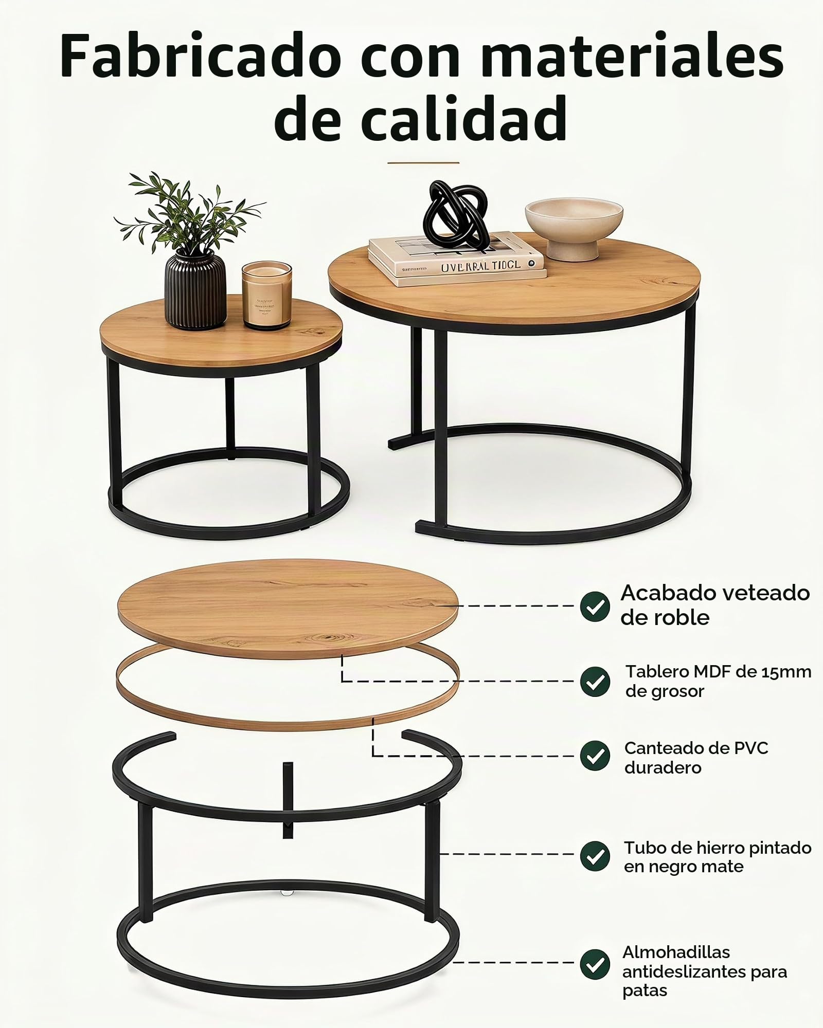 Mesa de Centro Redonda Juego de 2 Mesa Salon Madera y Metal Negro | Juego de 2 Mesa Centro Salon Efecto Madera con Estructura Metálica Negra, Muebles de Salon Coffee Table 70+50cm