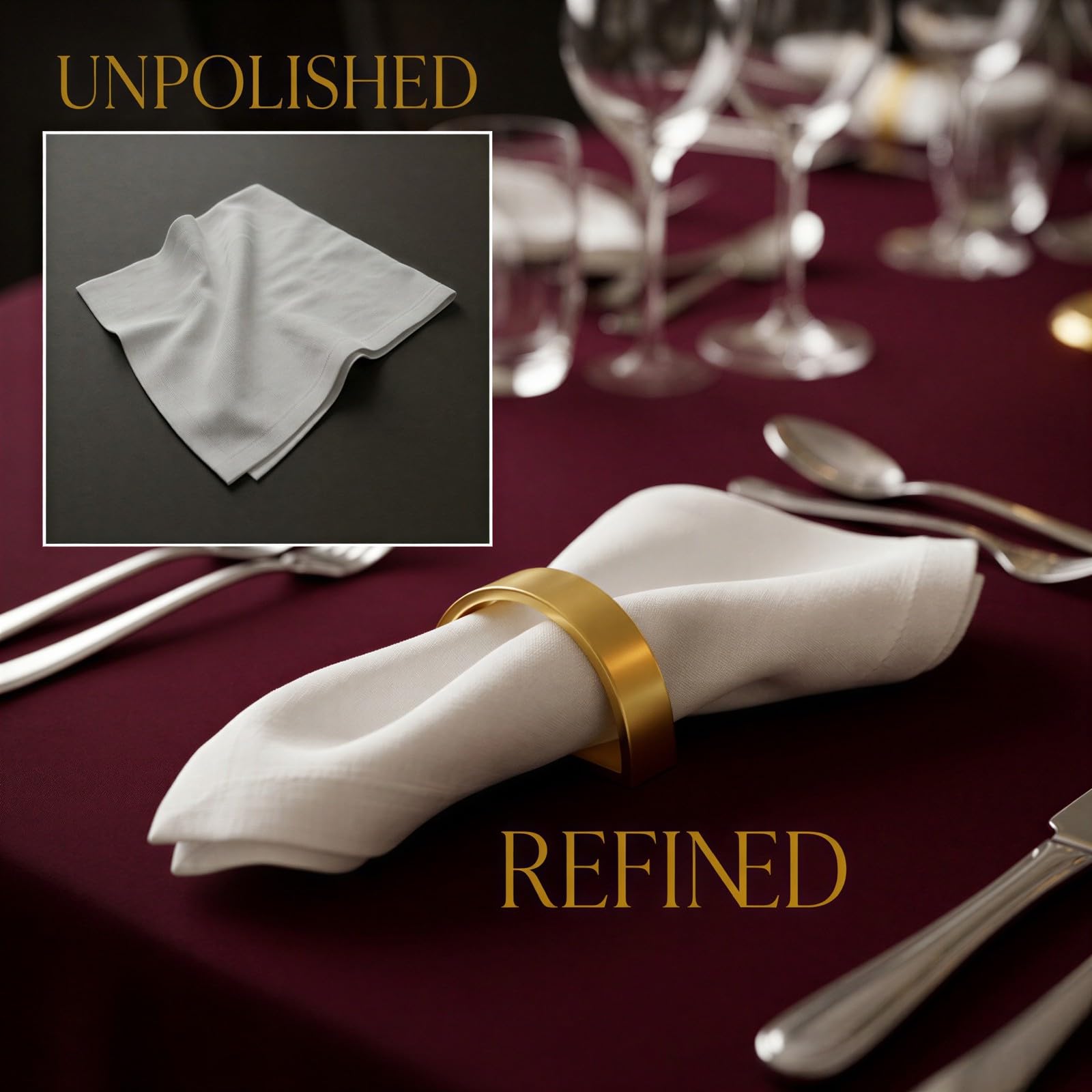 Lot de 20 Ronds de Serviette en métal doré, Alliage de Zinc Finition Mate, Forme Demi-Cercle en D, Attaches Modernes pour Repas de Mariage, décoration de Table Maison hôtel Restaurant
