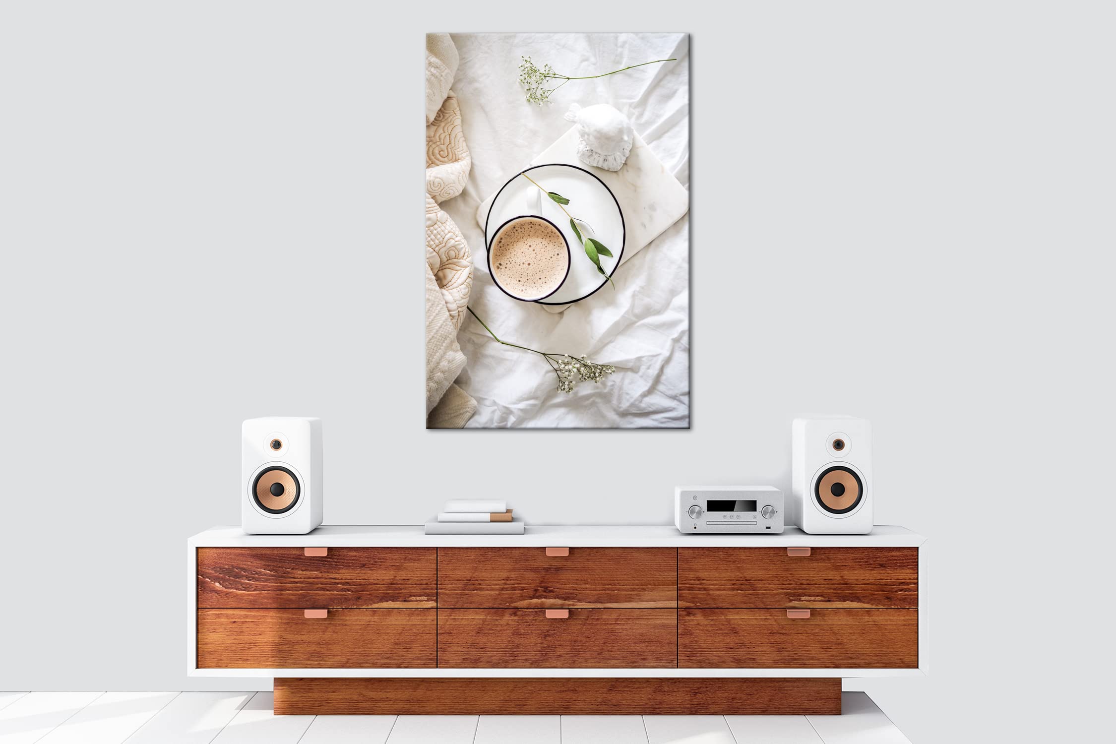 Rahmenlos - Lienzo con diseño de café en la mañana (100 x 70 cm, con marco de madera, impresión digital de , sin póster ni cartel)
