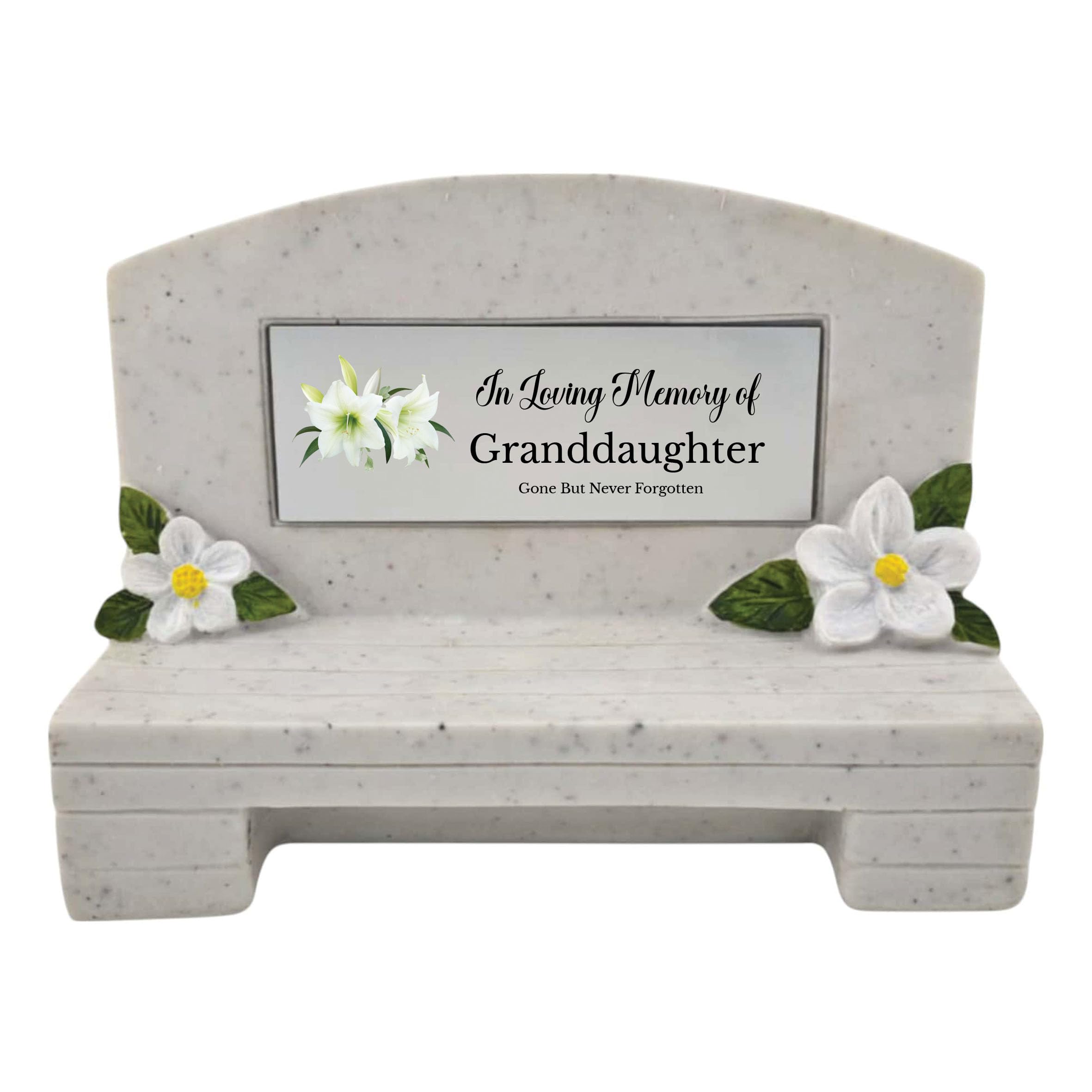 1stclassgifts In Loving Memory Of Memorial Bench With Plaque Grave Marker With Lily Flower Design Mum Dad & Lots More White/Silver (UV PRINTED) (Granddaughter)