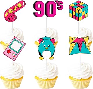 18pcs Purple Glitter Dessert Cupcake Topper Game 90â€™s Decade Retro Throwback Theme Decor Supplies Baby Shower Boy Girl Happy Birthday Party Decorations
