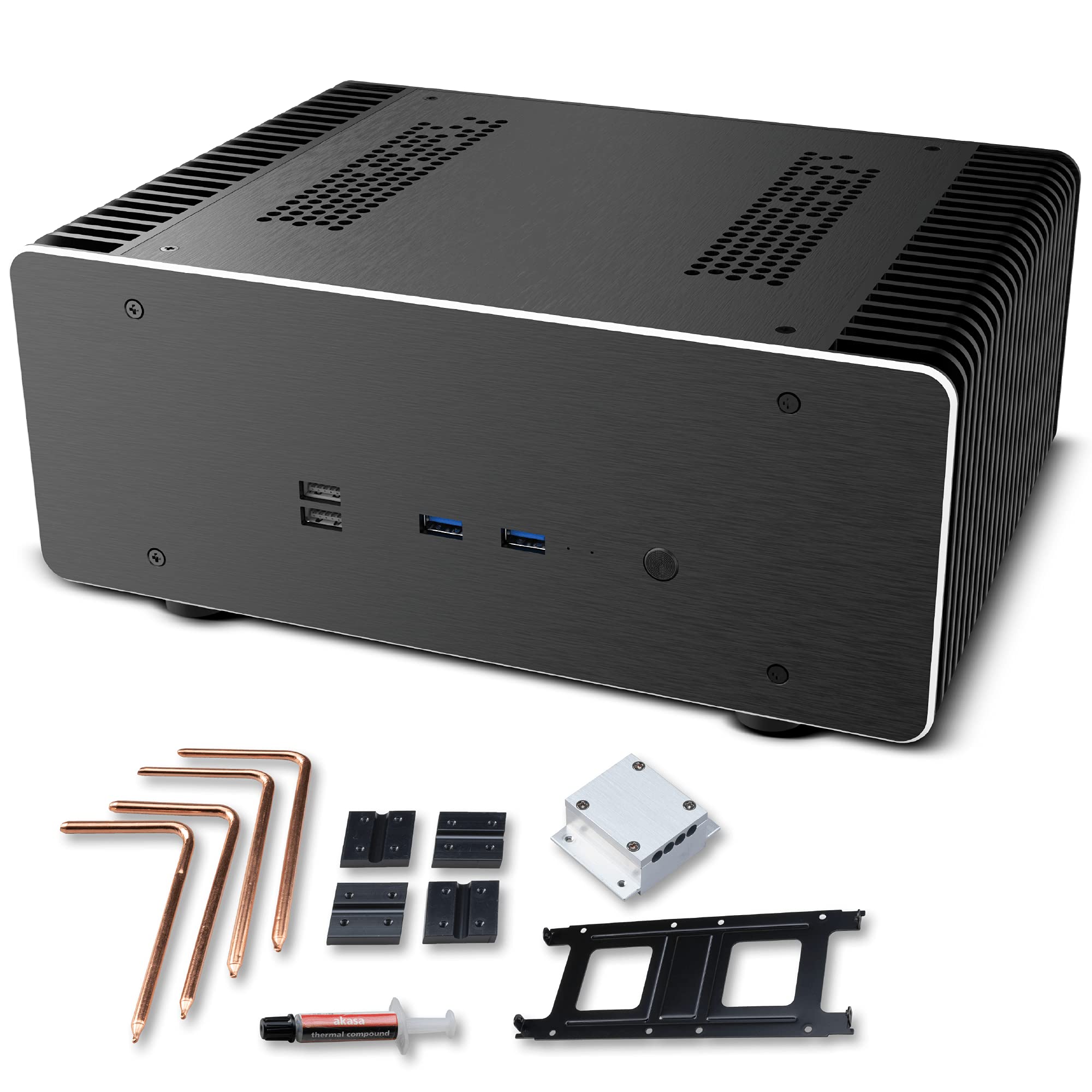 AkasaMaxwell Pro | HTPC Media Center Fanless Case for Mini ITX | Efficient Cooling & Truly Silent | 100% Aluminum Body & Thermal Kit, Copper Heatpipe | Compatible with Intel AMD Boards | A-ITX48-M1B