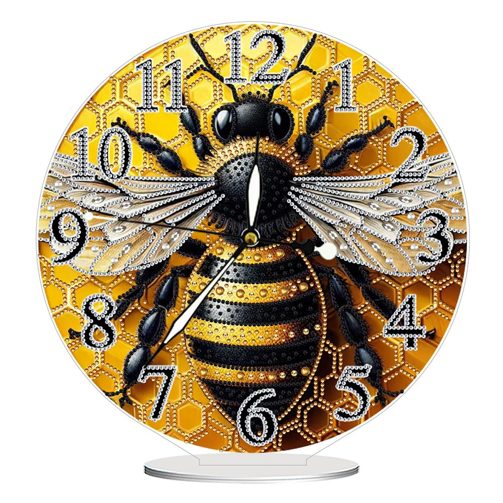 DIY 5D Diamond Art Tabletop Clock Kit - Special Shaped Crystal Desk Clock with Acrylic Base, Gem Art Craft for Home Office Decor, Unique Gift Idea(Bee)